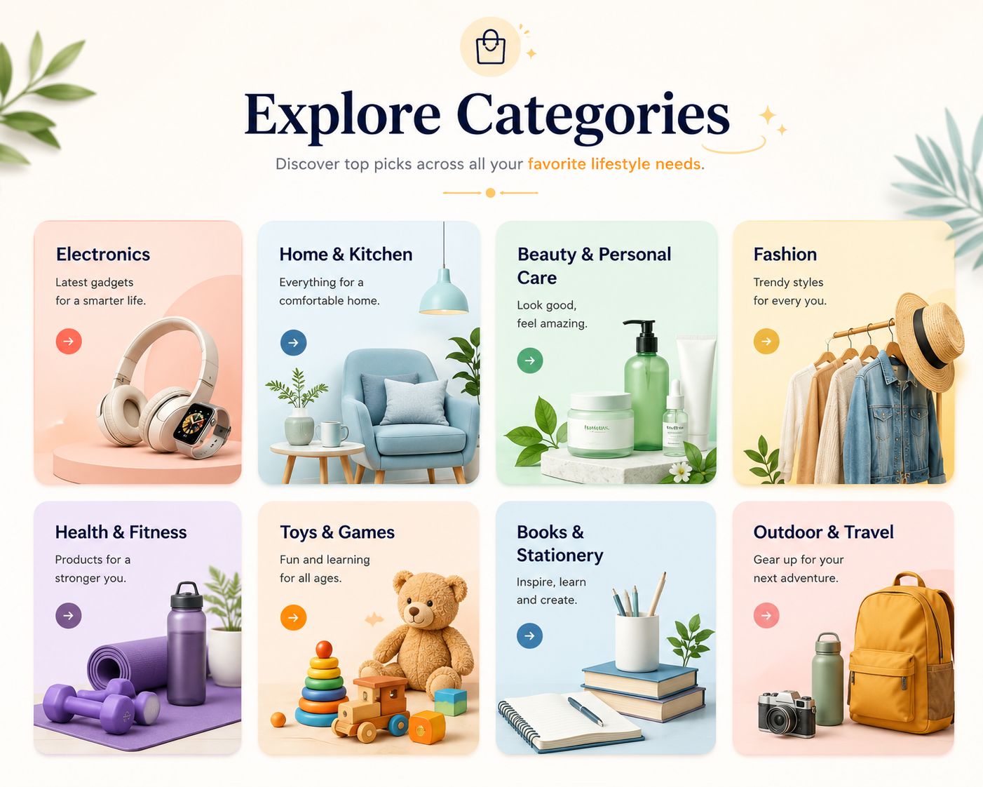 Webpage showing categories to explore, including electronics, home & kitchen, beauty & personal care, fashion, health & fitness, toys & games, books & stationery, and outdoor & travel, each with colorful images and descriptions.