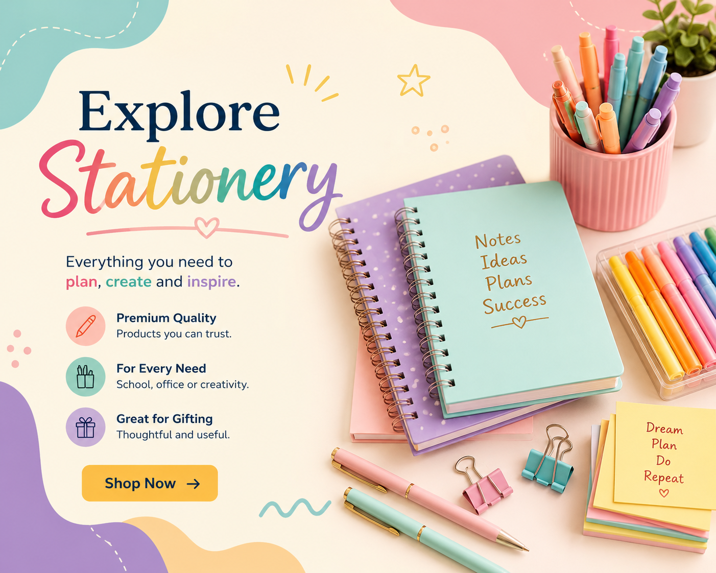 Colorful stationery items including notebooks, pens, highlighters, sticky notes, and clips arranged on a pastel-colored background with text promoting exploring stationery for planning, creating, and inspiring.
