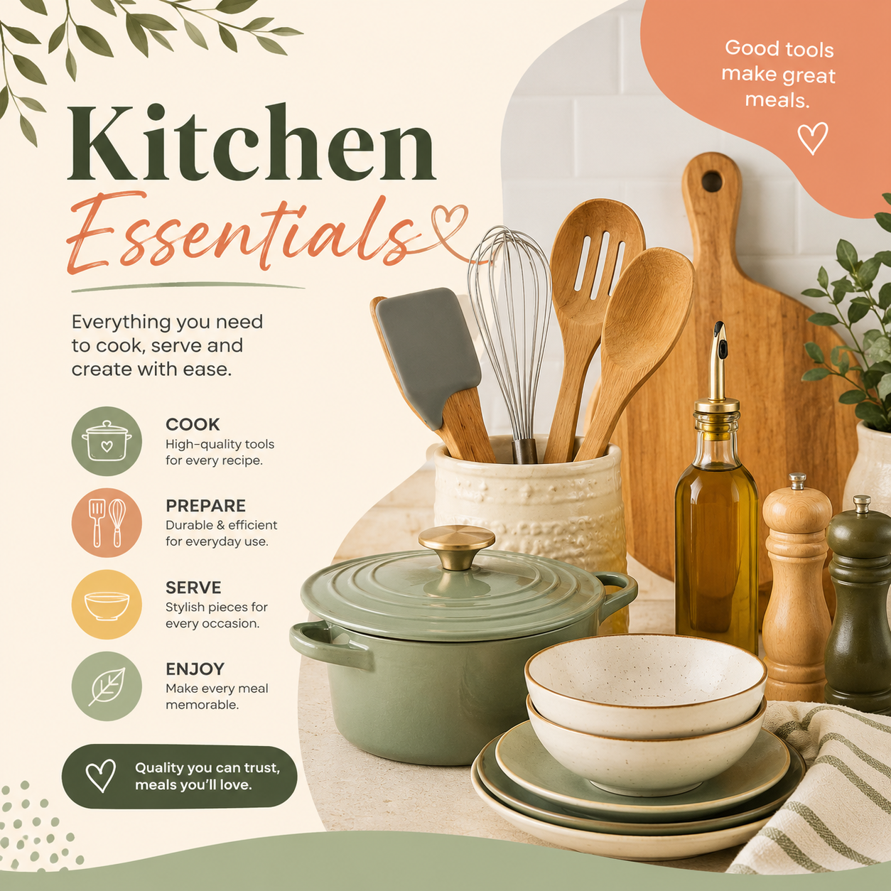 A collection of kitchen tools and utensils, including wooden spoons, a whisk, a spatula, and a cutting board, with ceramic bowls and a green pot, arranged on a kitchen countertop with a potted plant nearby.