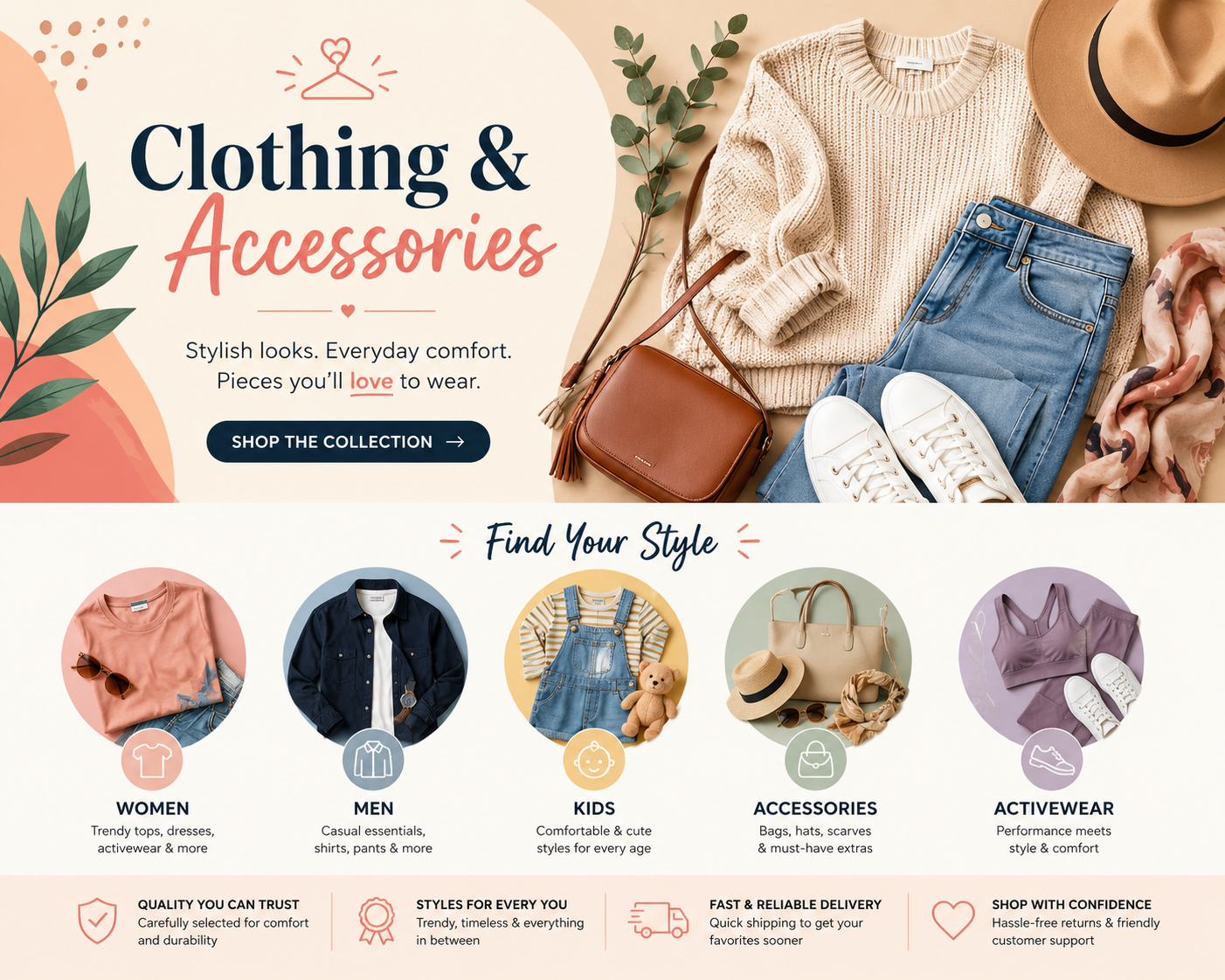 An online clothing store homepage featuring a flat lay of casual women's clothing, accessories, and shoes, with categories for women, men, kids, accessories, and activewear, and a call-to-action button to shop the collection.