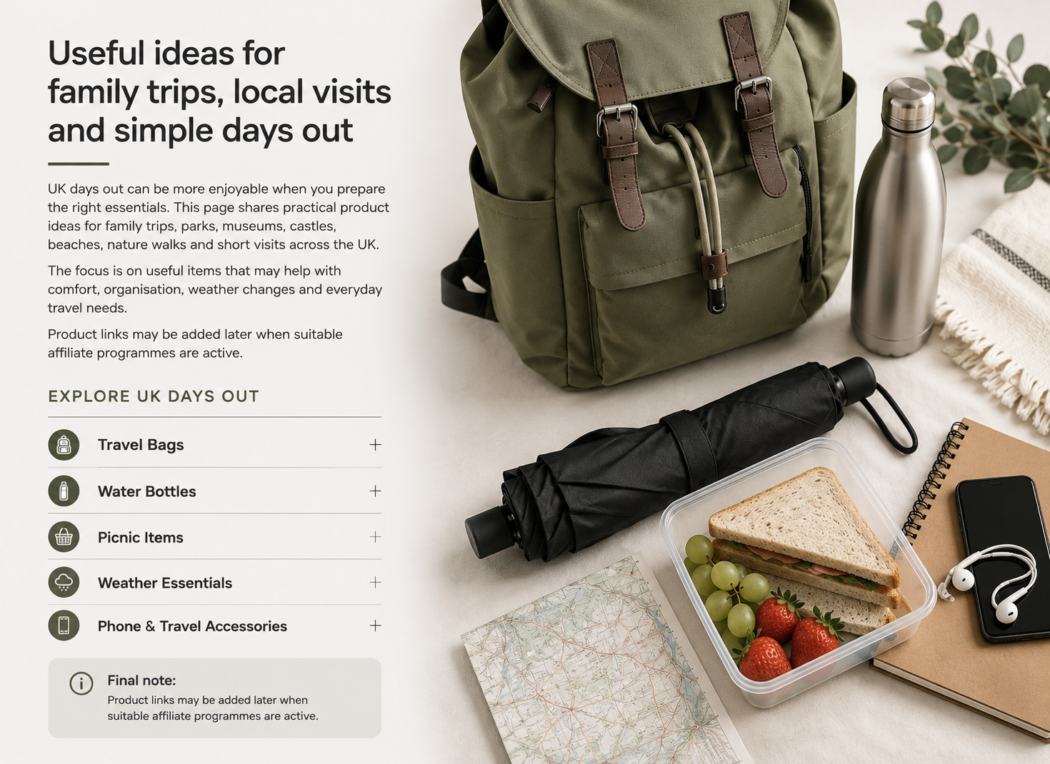 Travel essentials including backpack, water bottle, umbrella, map and smartphone.