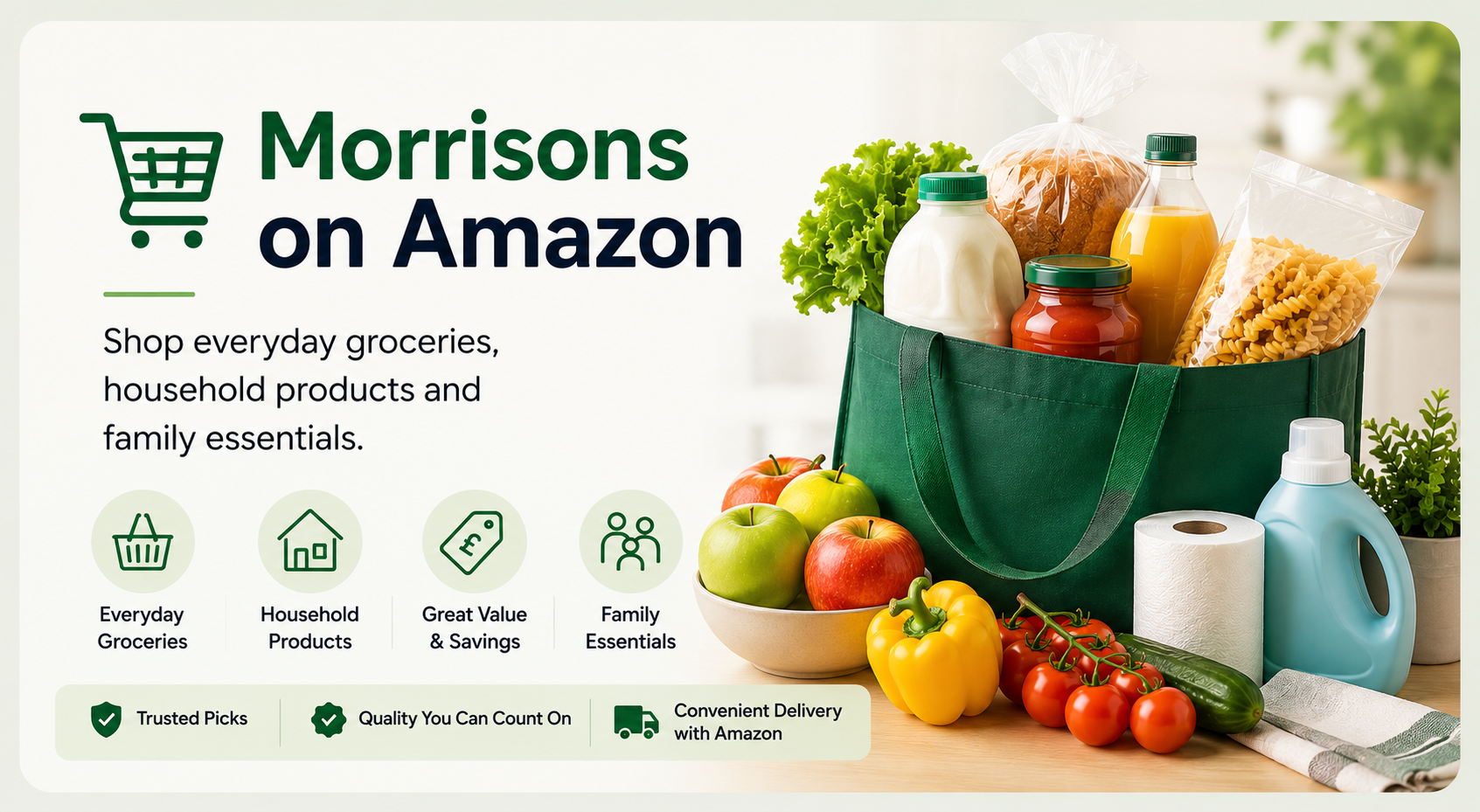 Advertisement for Morrisons groceries on Amazon with a green shopping bag filled with food items including bread, milk, juice, and pasta. In front, there is a bowl of apples, tomatoes, a yellow bell pepper, and a cucumber. To the right, there are household essentials such as a roll of paper towels, a bottle of detergent, and a small potted plant.
