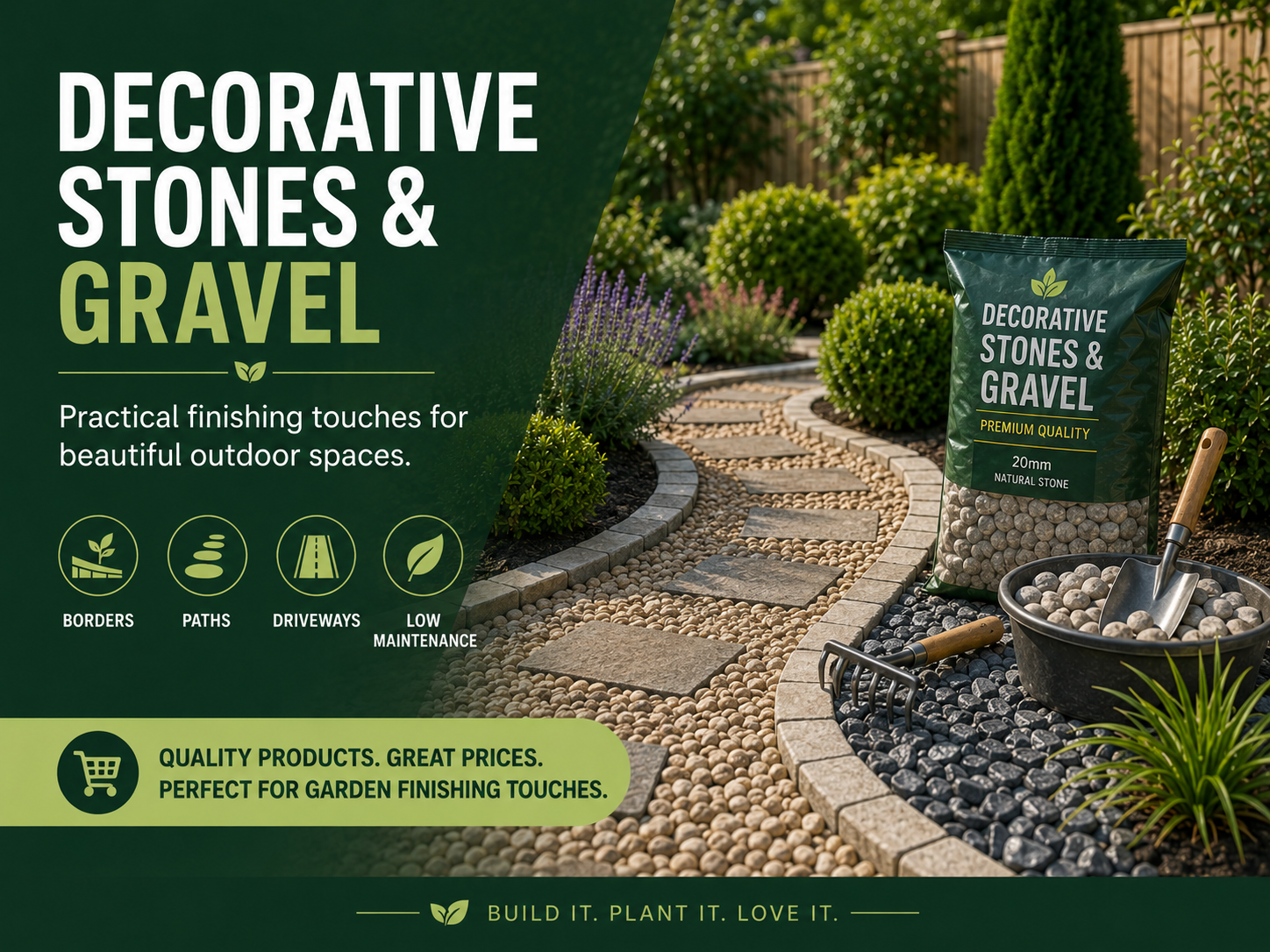 Landscaped garden path with decorative stones, gravel, shrubs and small garden tools.