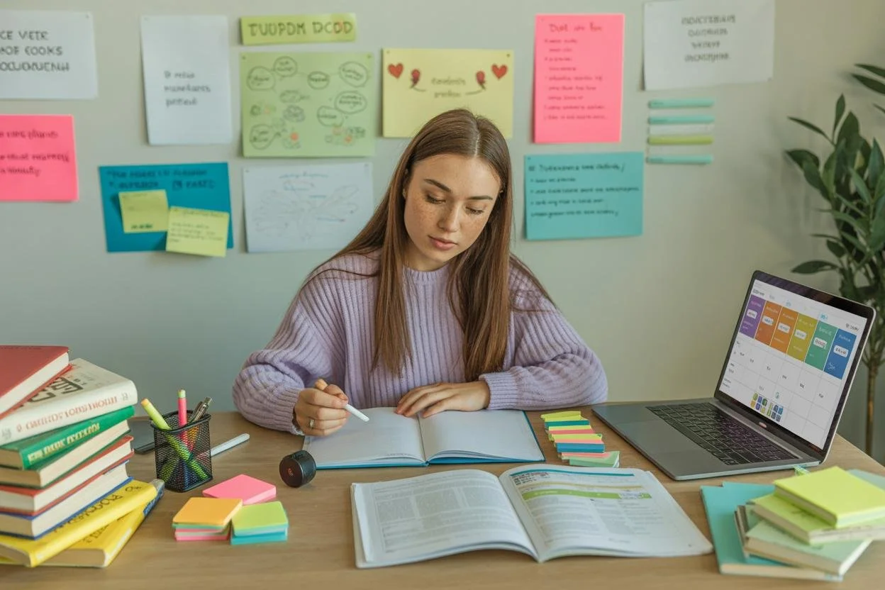 Student studying at a desk with open textbooks, notebooks, a laptop and colourful study notes.