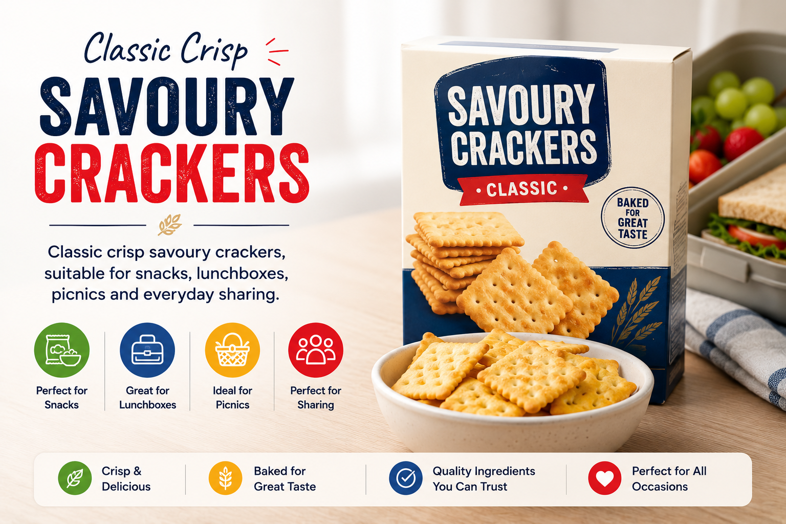 Box of Savory Crackers with a bowl of crackers in front, and a display of crackers on the box, placed on a table next to a salad and a sandwich, with text highlighting features like perfect for snacks, lunchboxes, picnics, and sharing.