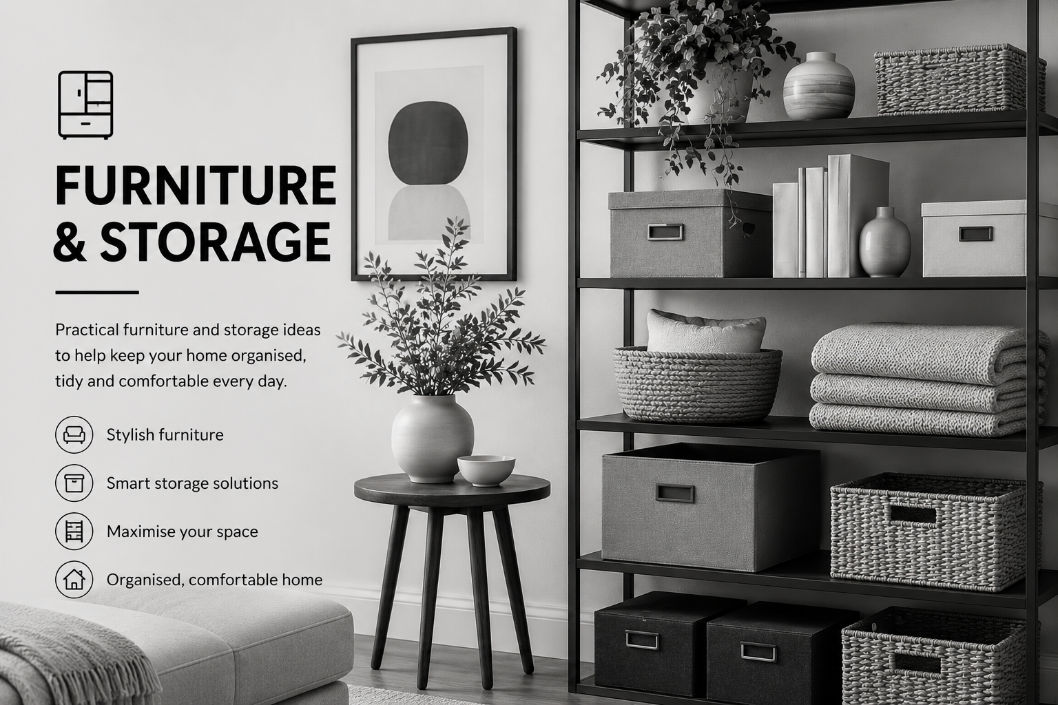 Living room storage ideas with shelves, boxes, blankets and a small plant.