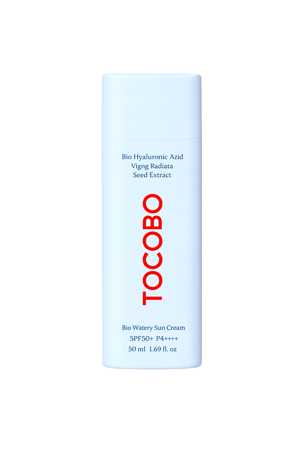 Une boîte de crème solaire Bio Hyaluronic Azid Vigg Radiata Seed Extract, nommée TOCOBO, contenant 50 ml. Le texte indique aussi qu'il s'agit d'une crème solaire Bio Watery Sun Cream avec SPF50+.