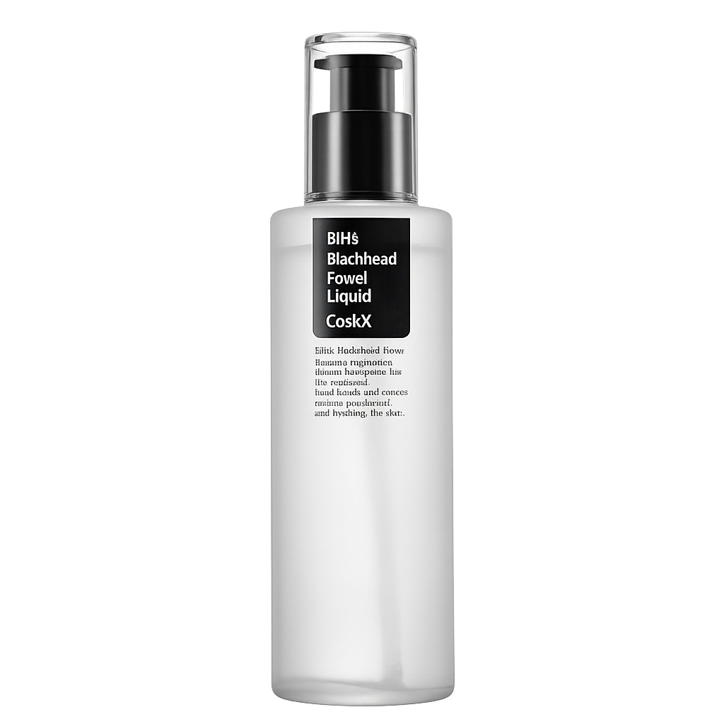 Une bouteille de liquide pour le visage avec un capuchon noir et un texte blanc, étiquetée 'BIHS Blackhead Fowel Liquid CosxX'.