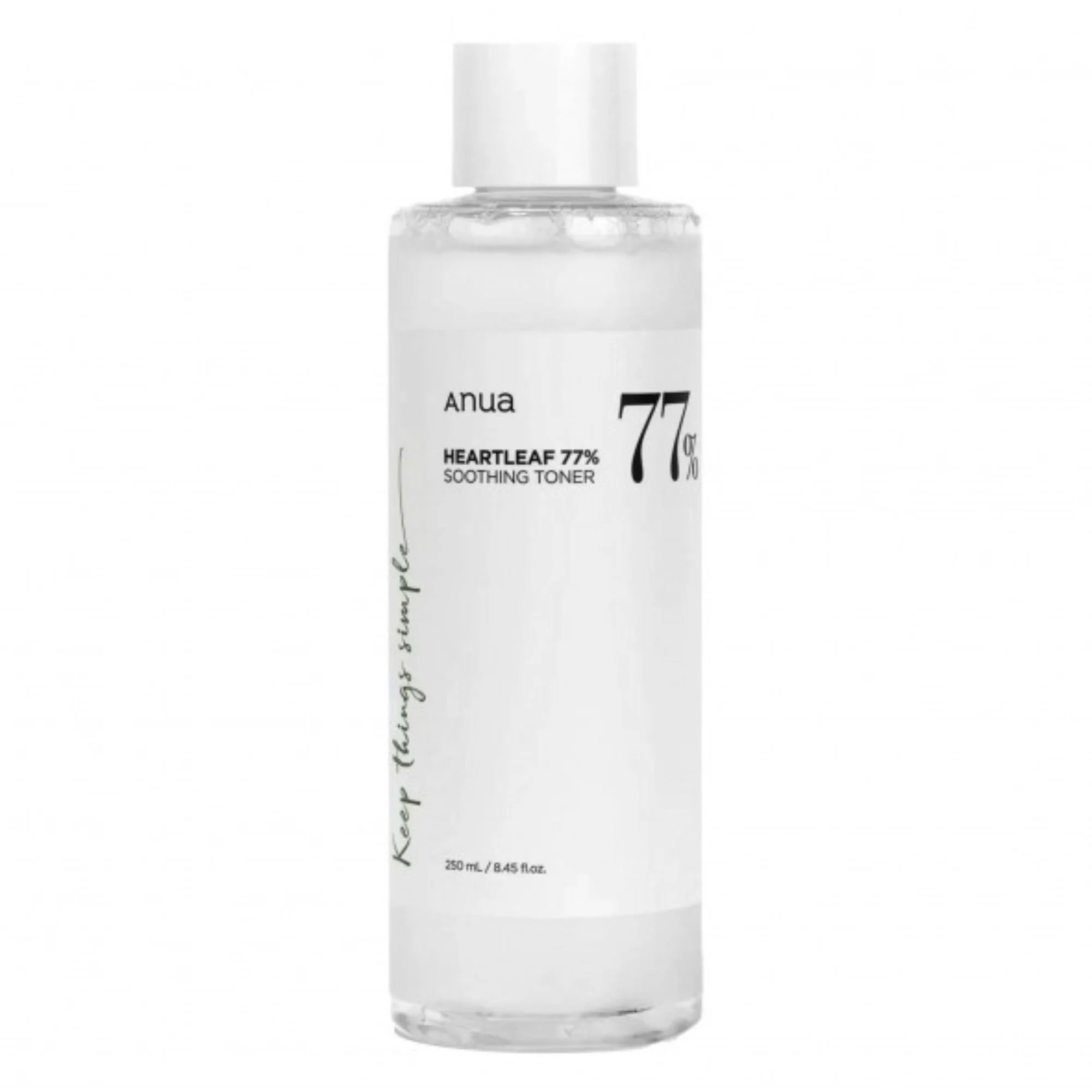 Photo de studio du Anua Heartleaf 77% Soothing Toner. Flacon transparent du tonique K-Beauty apaisant à 77% de Heartleaf (Houttuynia cordata).