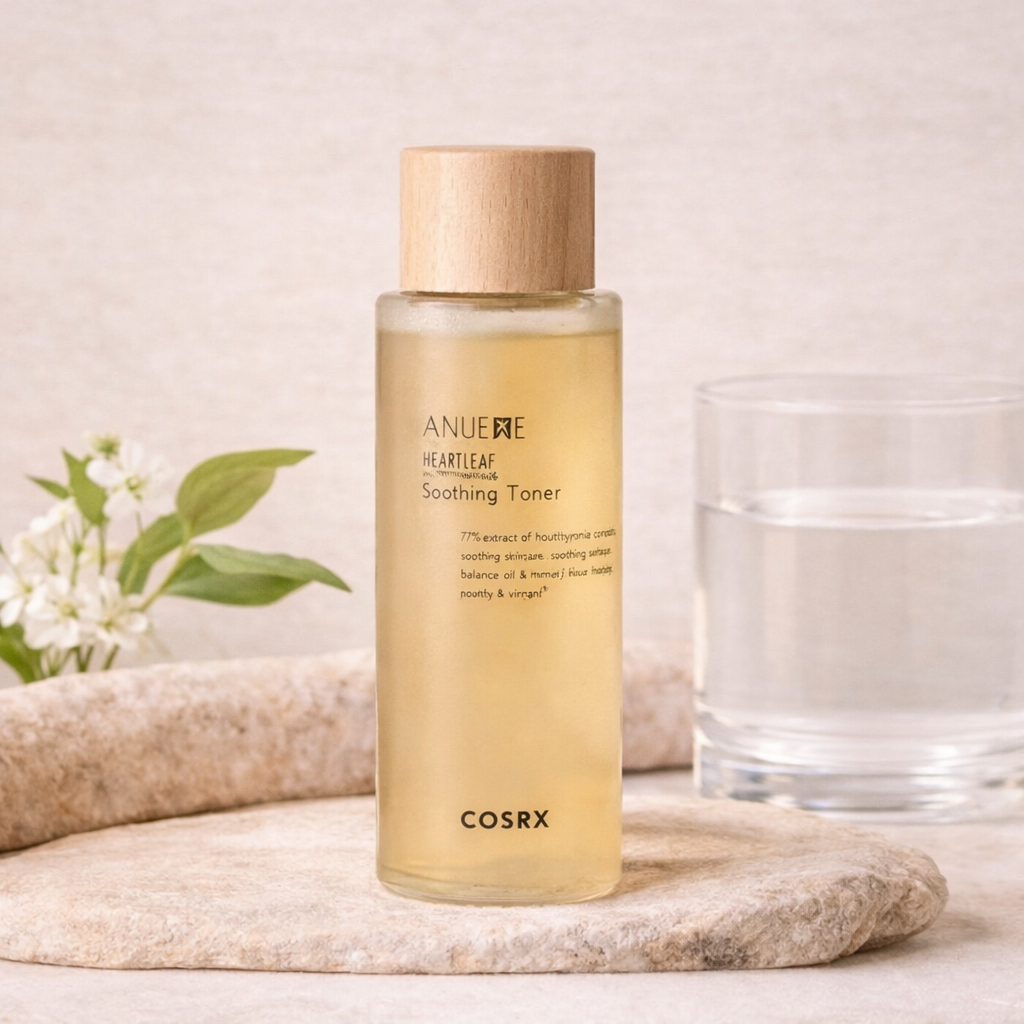 Flacon de toner apaisant pour la peau de la marque COSRX, posé sur une pierre avec un verre d'eau à côté, fond neutre avec des fleurs