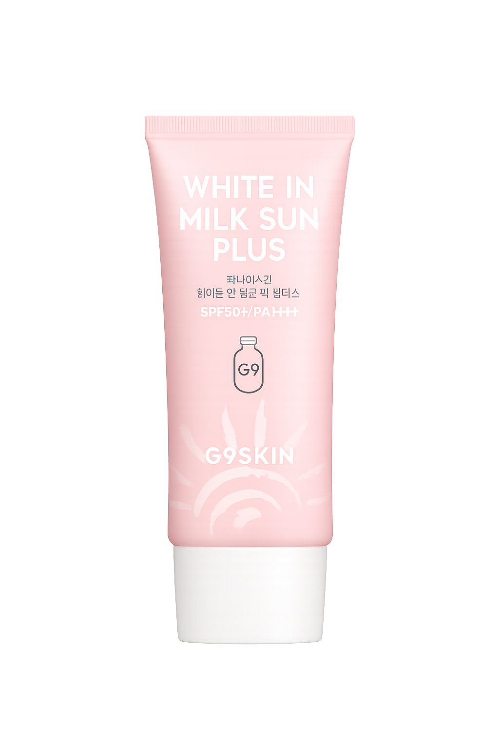 Tube de crème solaire rose de la marque G9SKIN avec inscription "White In Milk Sun Plus", SPF50+ PA+++.