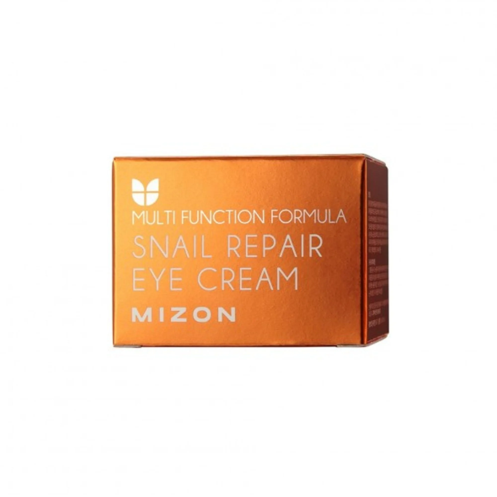 Packaging de la Mizon Snail Repair Eye Cream. Boîte orange métallique de la crème pour les yeux K-Beauty à la bave d'escargot.