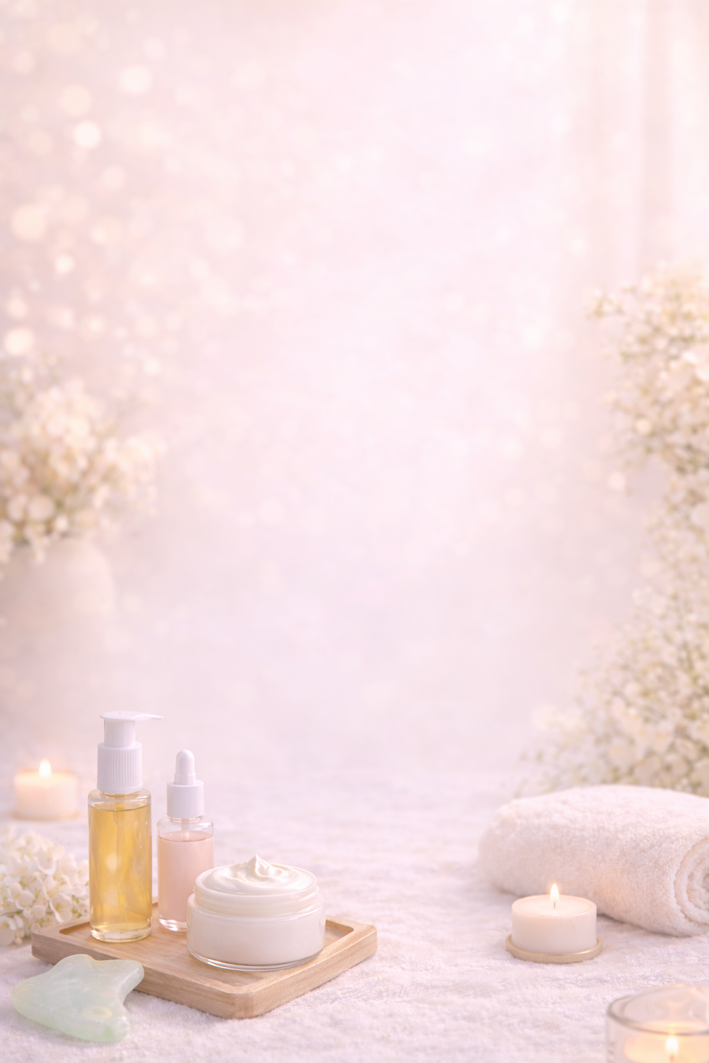Produits de spa avec crème, huiles, bougies et serviette blanche dans un décor doux et apaisant