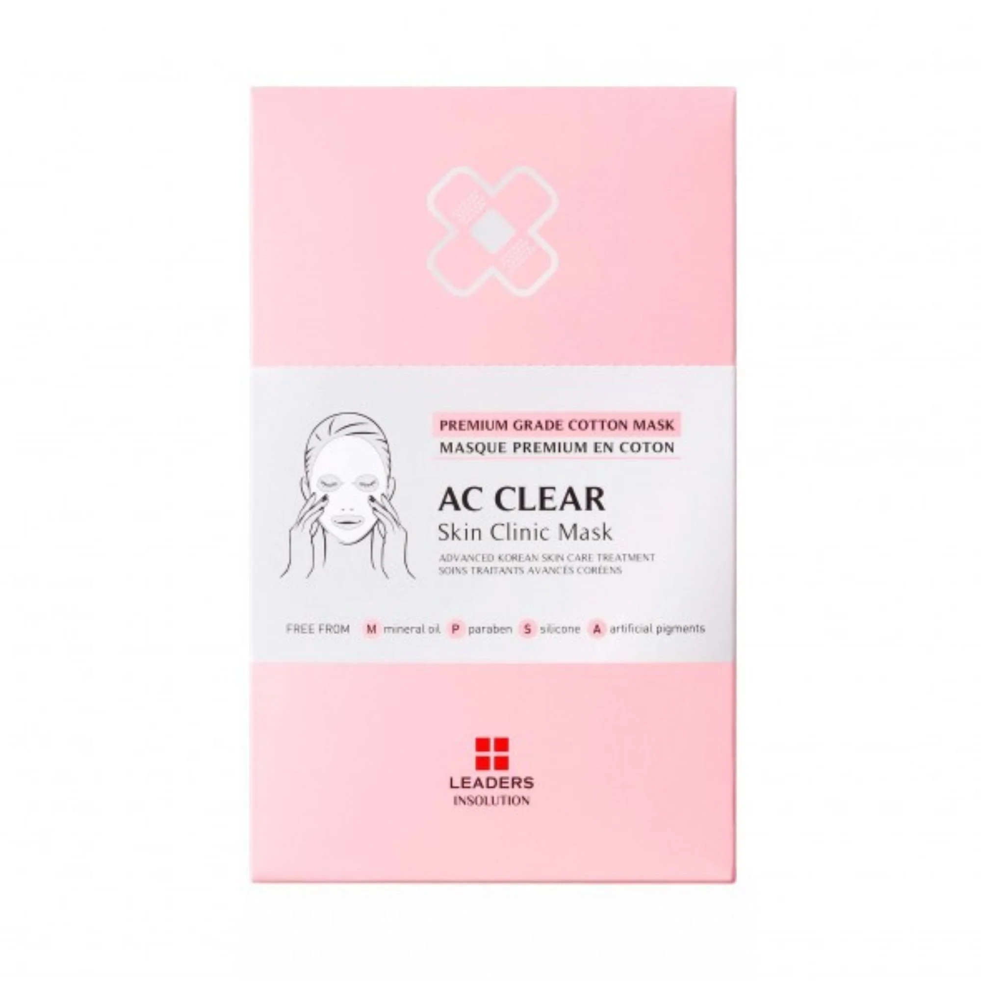 Packaging du masque Leaders Insolution AC Clear Skin Clinic Mask. Masque en coton premium K-Beauty contre l'acné, rose et blanc.