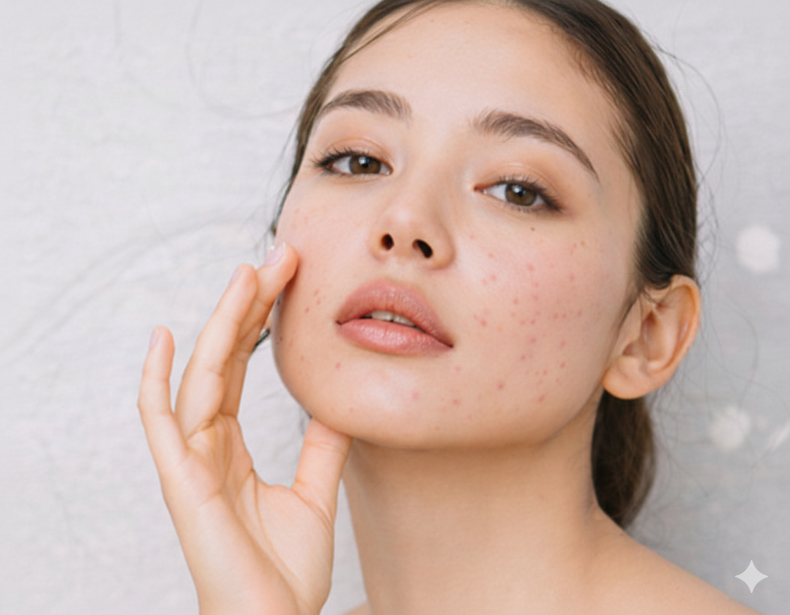 Jeune femme avec acné, touchant son visage, regardant l'appareil photo.