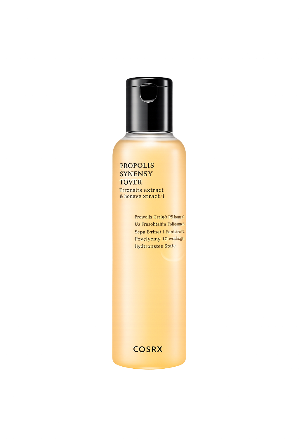 Une bouteille de produit cosmétique de la marque COSRX, intitulée 'Propolis Syenisy Tover', contenant un extrait de propolis et de miel. La bouteille est beige avec un bouchon noir.