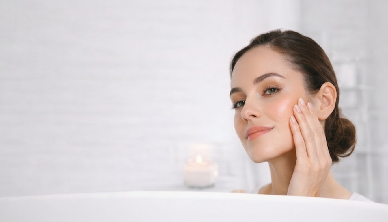 Une femme souriante qui touche sa joue avec la main, dans un environnement lumineux et épuré.