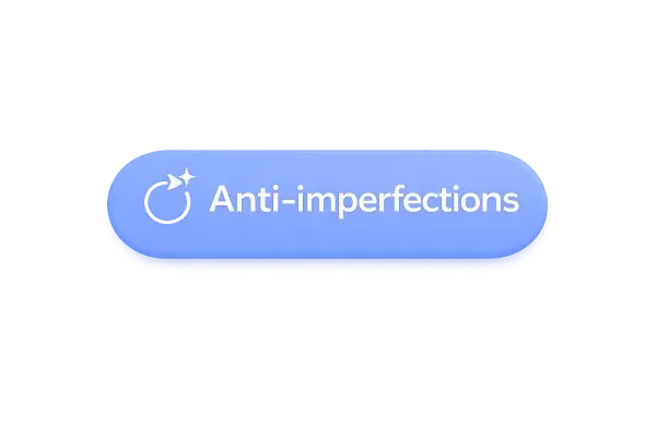 Bouton bleu avec l'inscription 'Anti-imperfections'