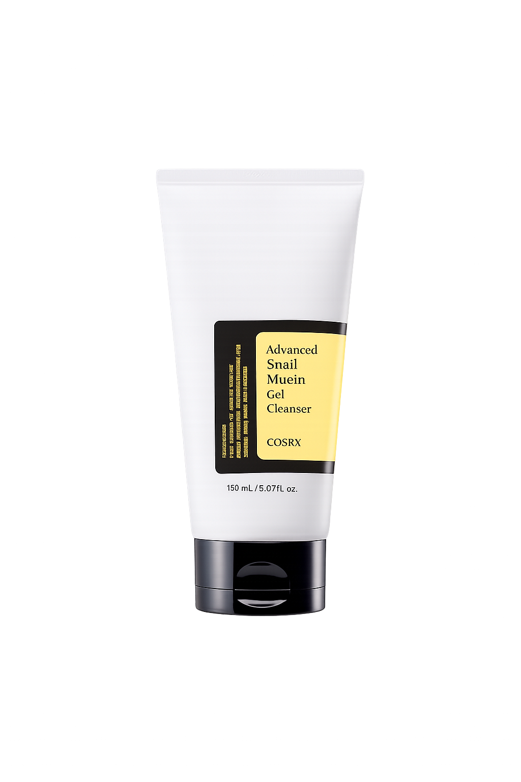 Tube de nettoyant gel Advanced Snail Mucin de la marque COSRX sur fond noir avec un effet lumineux