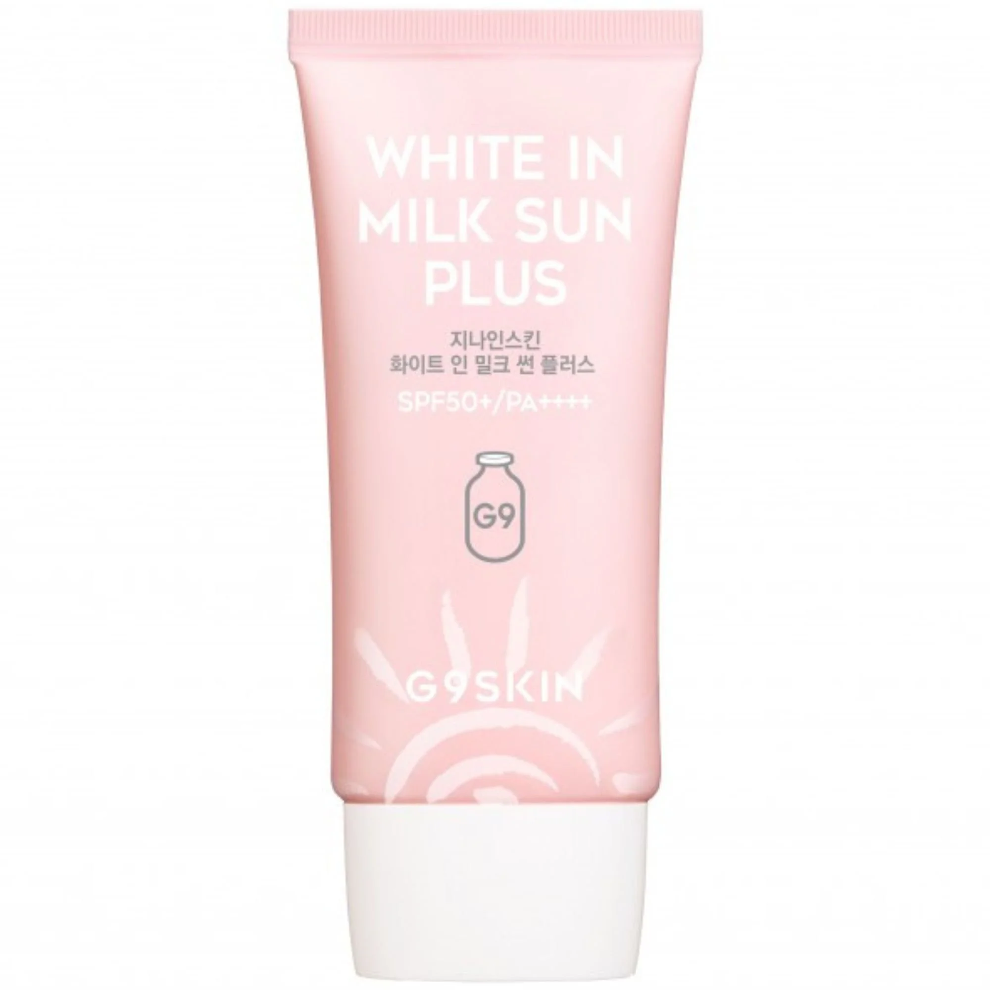 Photo de studio G9SKIN White In Milk Sun Plus SPF50+ PA++++. Tube de crème solaire K-Beauty rose pâle.