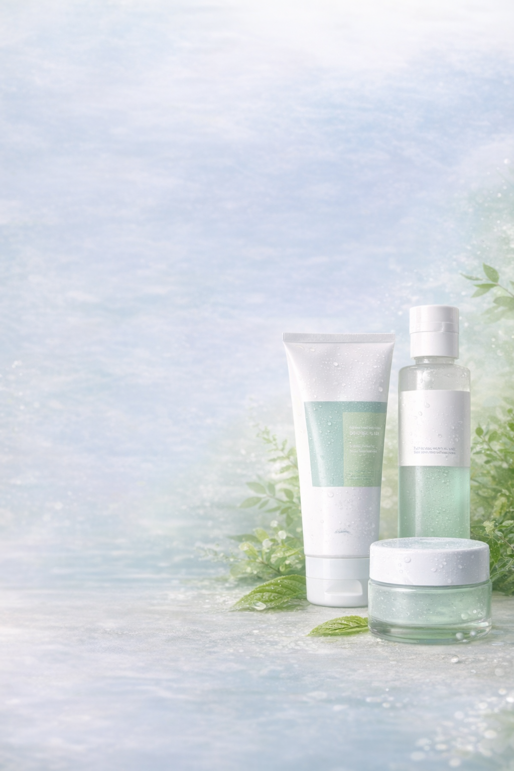 Gamme de produits cosmétiques ou de soins de la peau avec flacons et pot, ambiance naturelle et fraîche avec des feuilles vertes