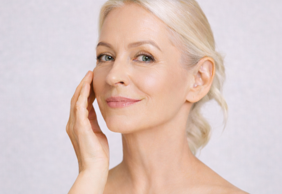 Une femme âgée aux cheveux blonds, souriante, touchant sa joue, fond blanc.