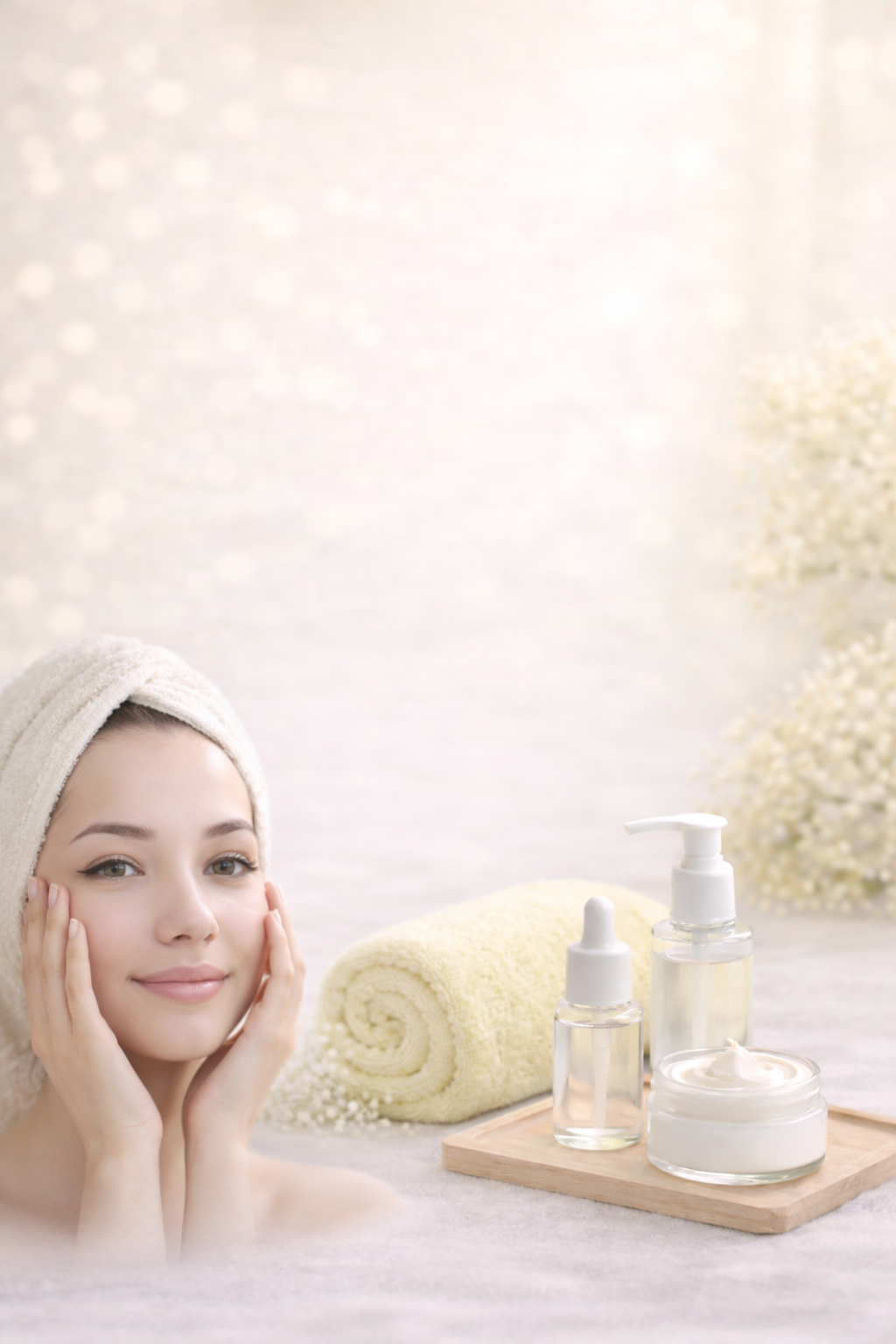 jeune femme avec serviette sur la tête, produits de soins de la peau sur un plateau en bois, serviette roulée, fond apaisant avec fleurs blanches