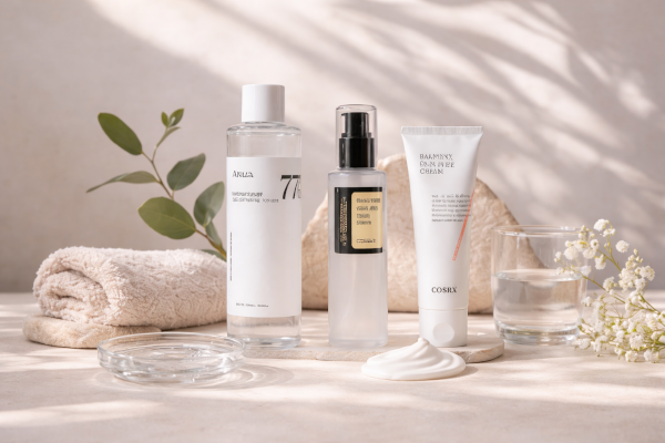 Produits de soin de la peau avec une serviette, un verre d'eau, et des fleurs dans un décor lumineux et naturel.