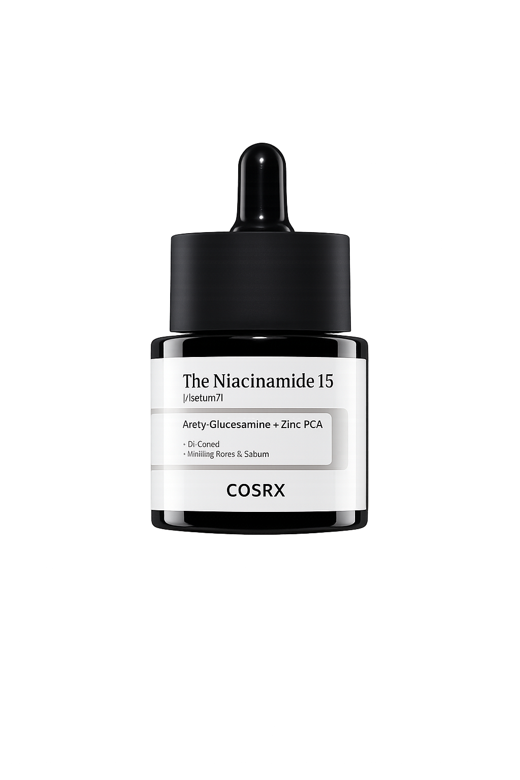 Flacon de sérum noir avec étiquette blanche, intitulé 'The Niacinamide 15' de la marque COSRX, contenant un sérum cutané avec du Niacinamide, Zinc PCA et de la Glutathione.