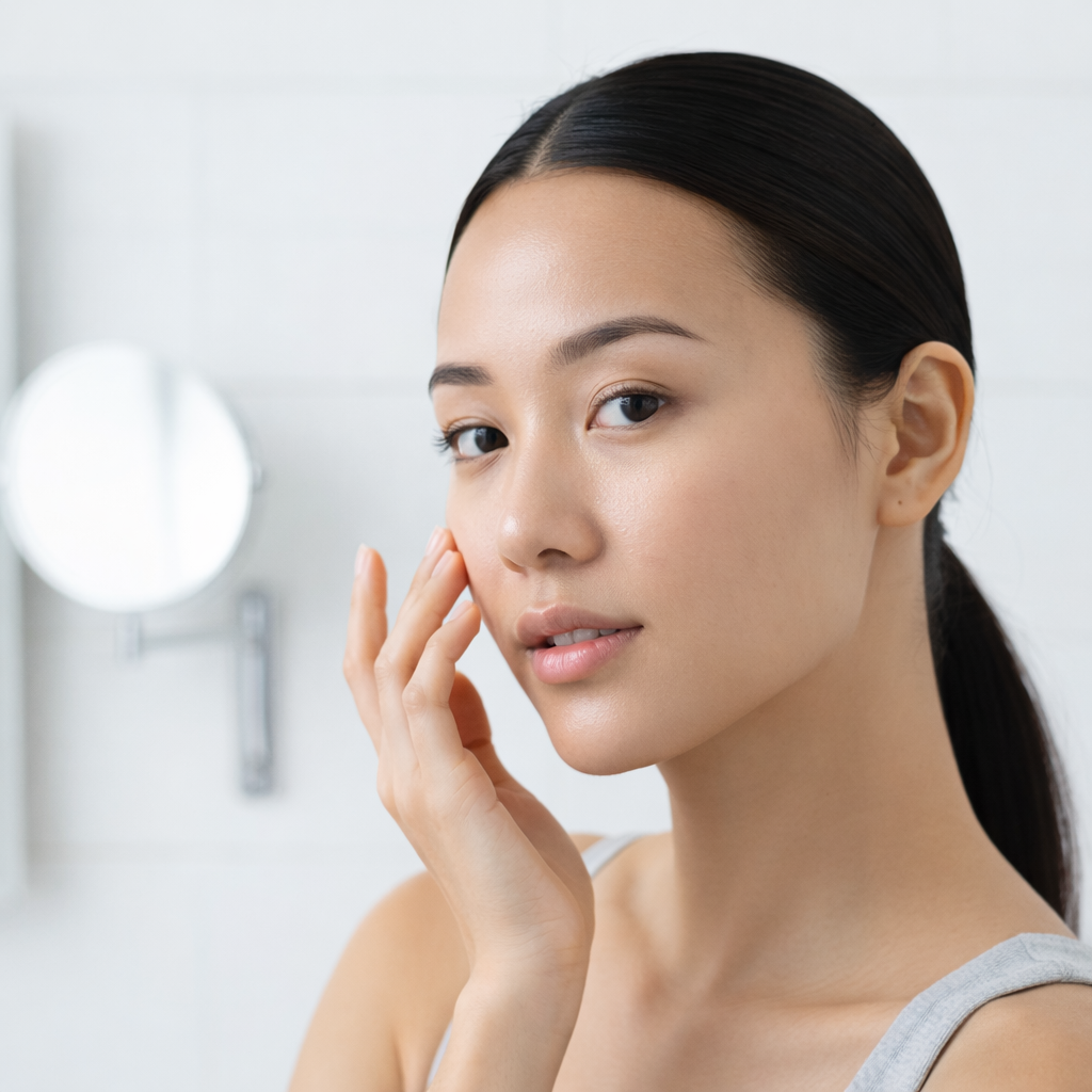 Une femme aux cheveux noirs tirés en arrière, touchant doucement sa joue, visage clair et soigné, dans un environnement lumineux.