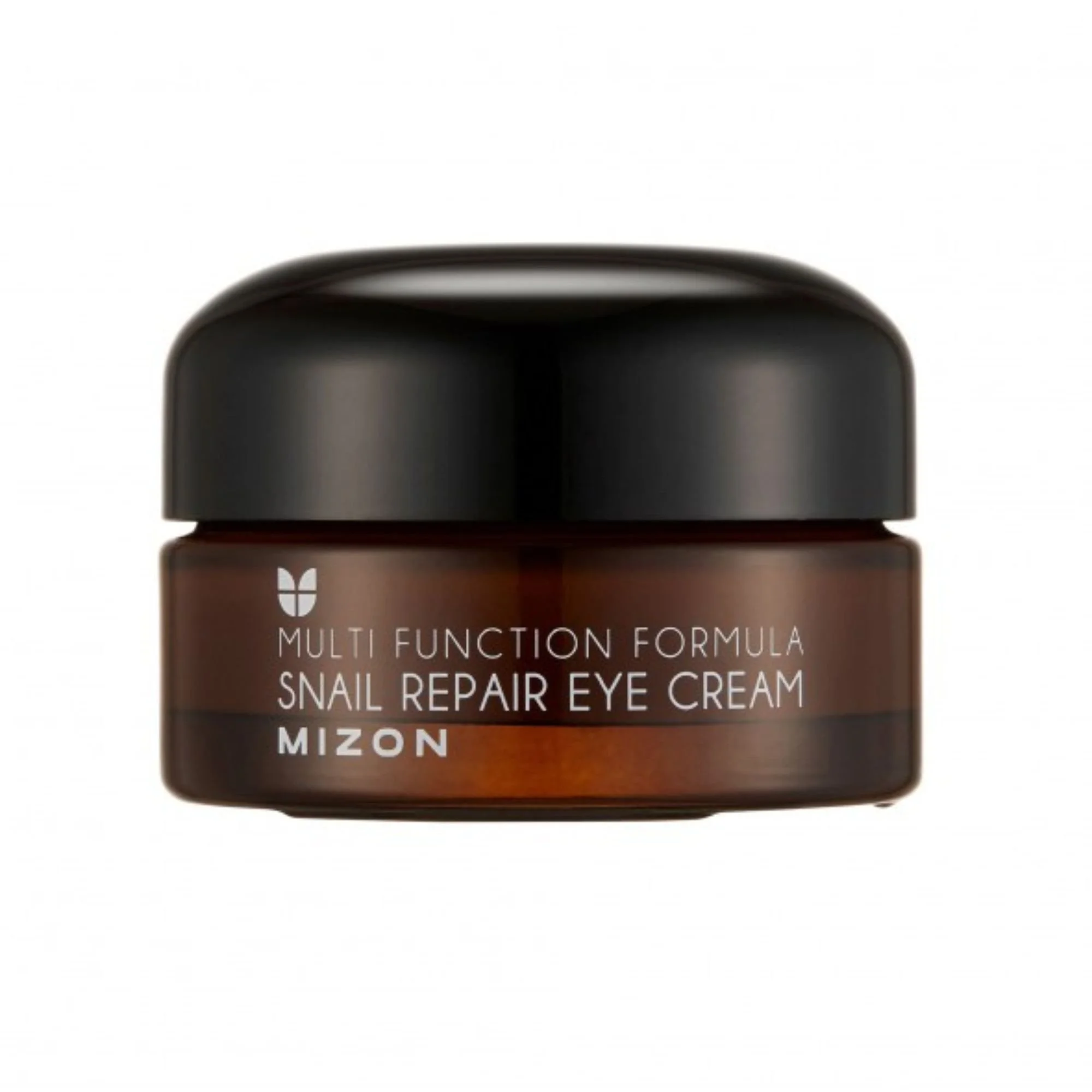 Photo de studio du pot de Mizon Snail Repair Eye Cream. Crème pour les yeux K-Beauty à la bave d'escargot, pot ambré et noir.