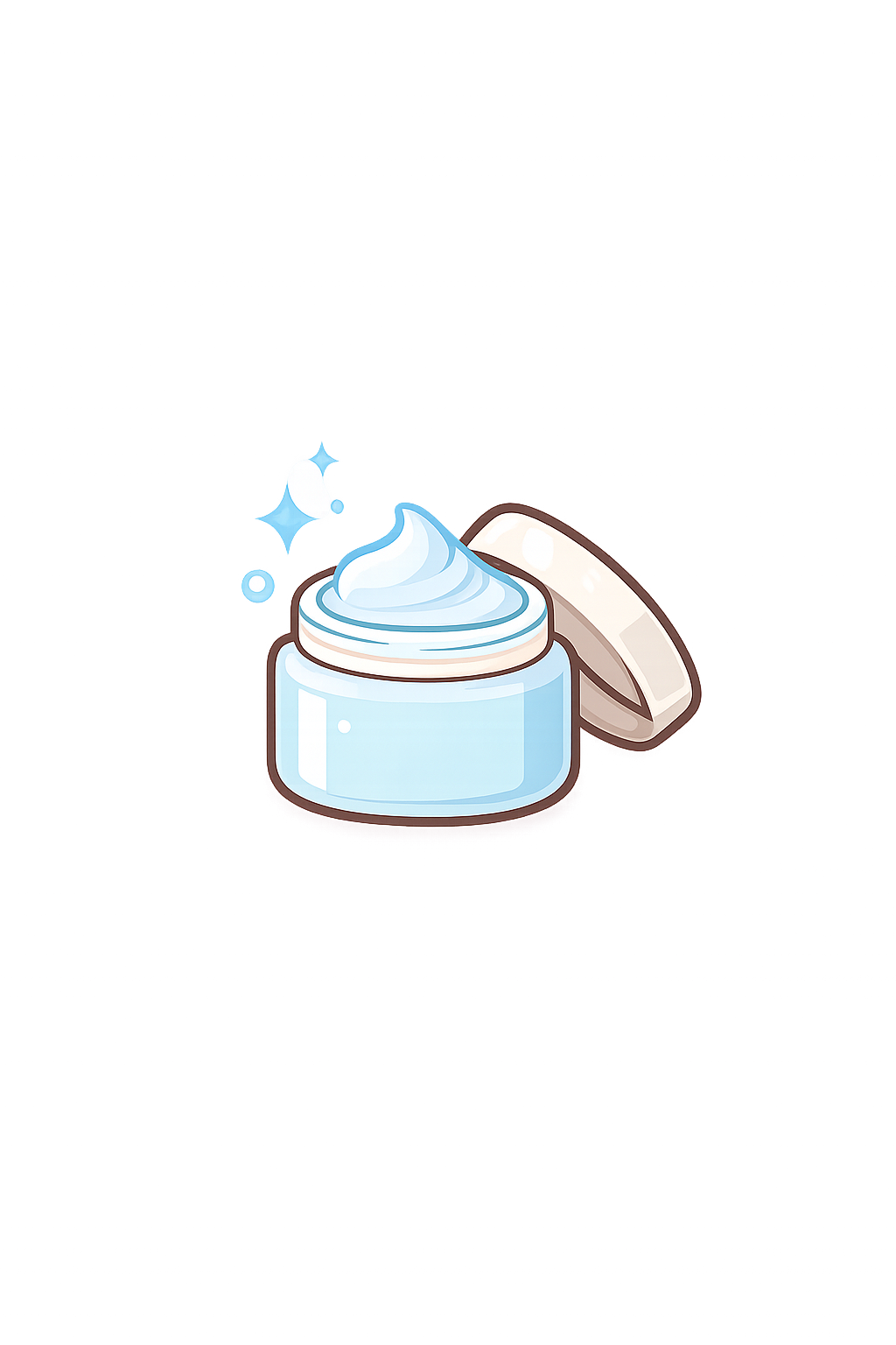 Pot de crème ou de lotion avec le couvercle posé à côté, décoré d'étoiles et de gouttes d'eau, dans un style illustré.