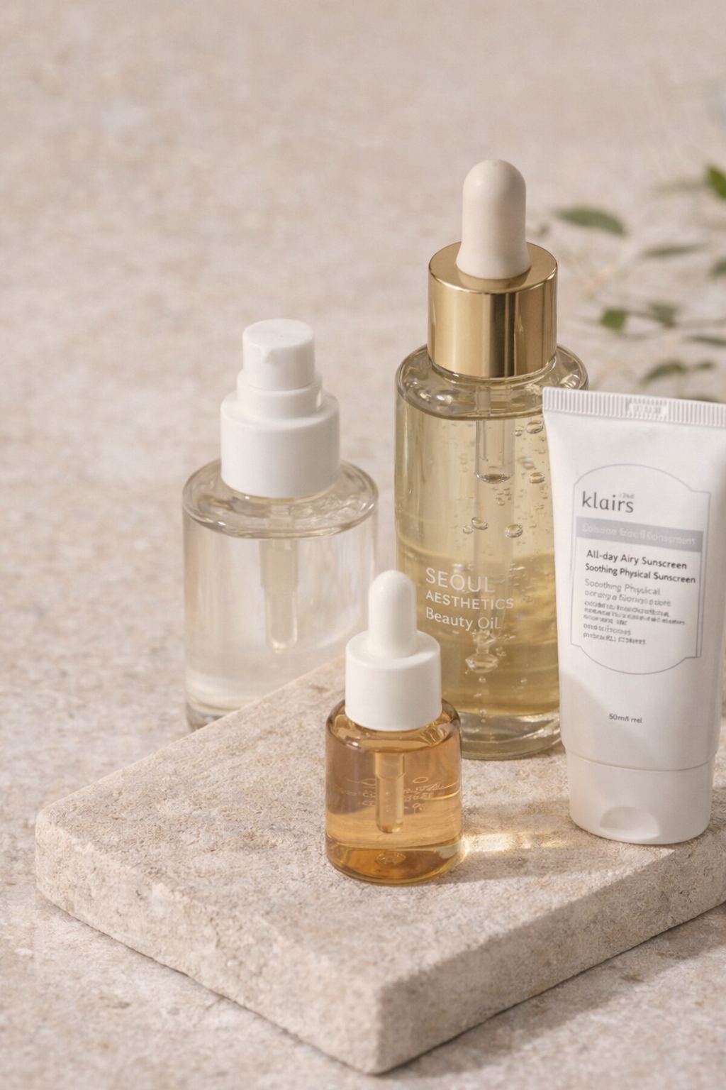 Flacons de soins de peau contenant des huiles et des sérums, disposés sur une surface en pierre