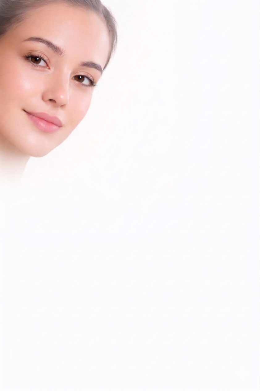 Portrait d'une jeune femme avec un sourire léger, fond blanc.