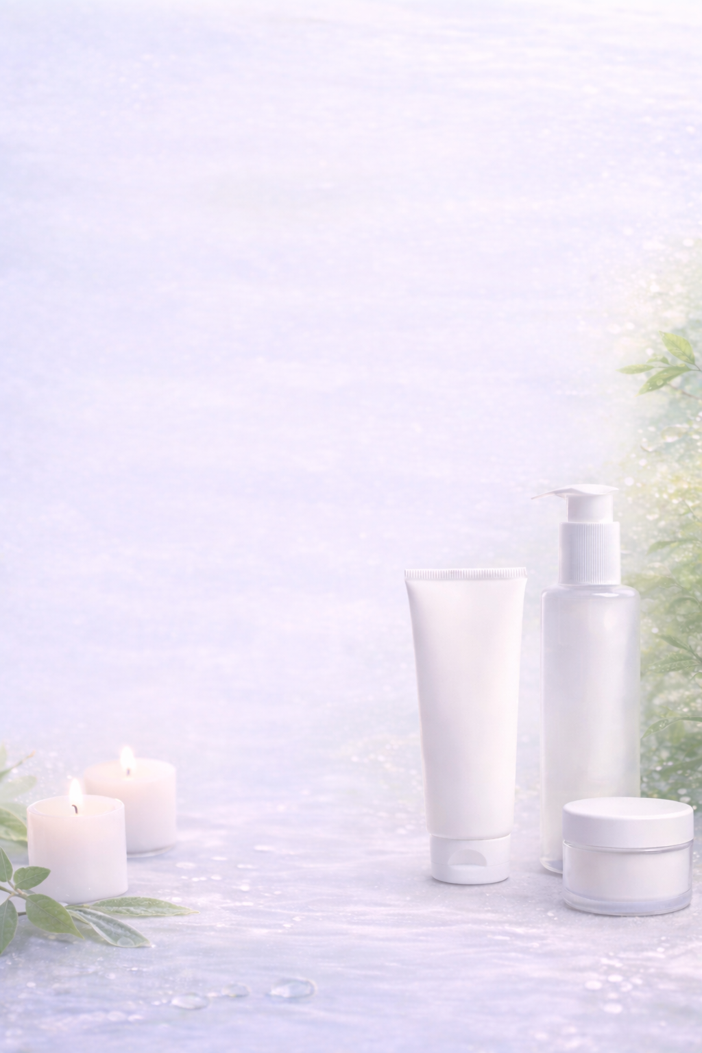 Produits de soins de la peau avec bougies et feuilles vertes dans un environnement apaisant.