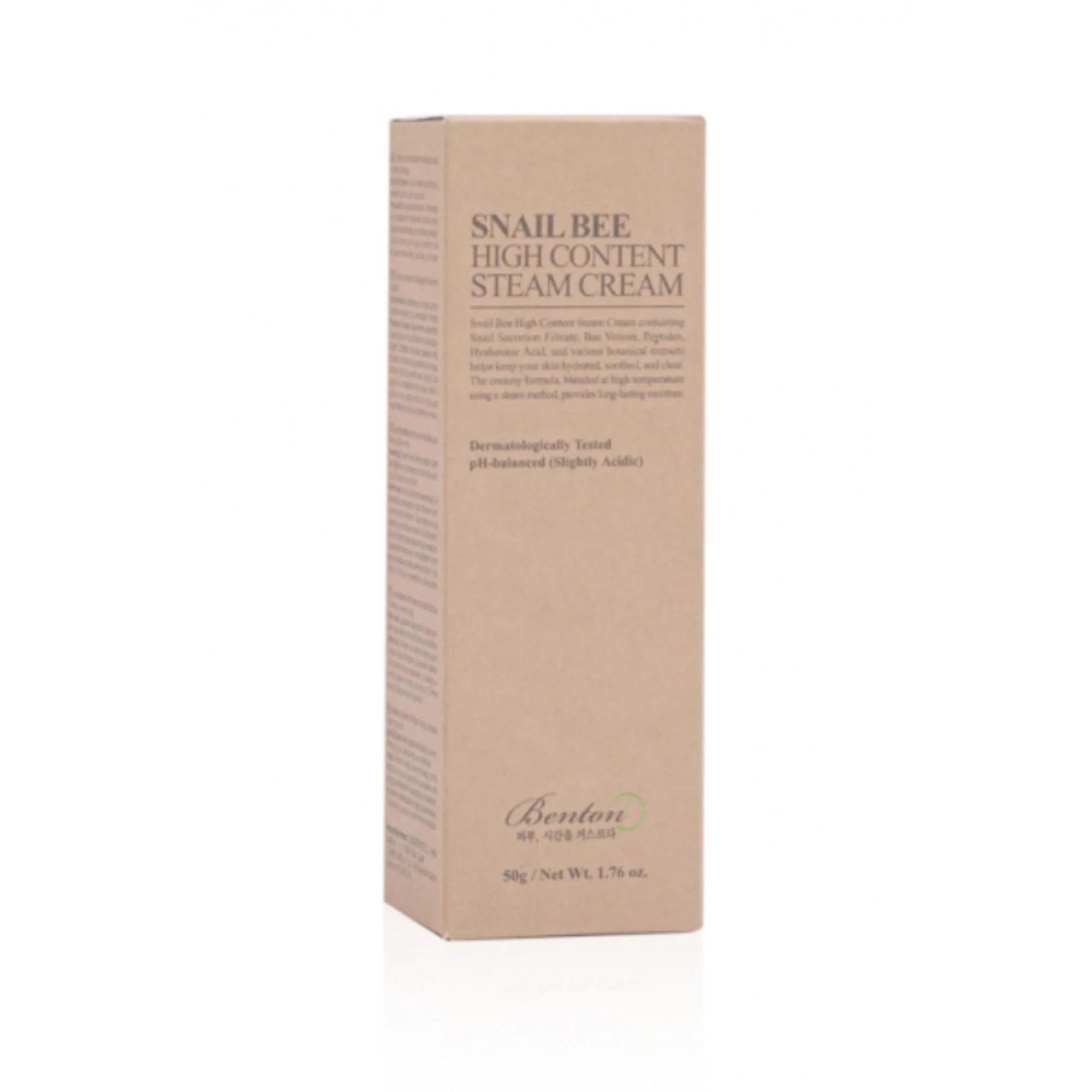 Boîte de la BENTON Snail Bee High Content Steam Cream. Packaging de la crème K-Beauty à la bave d'escargot et au venin d'abeille pour réparation et hydratation.