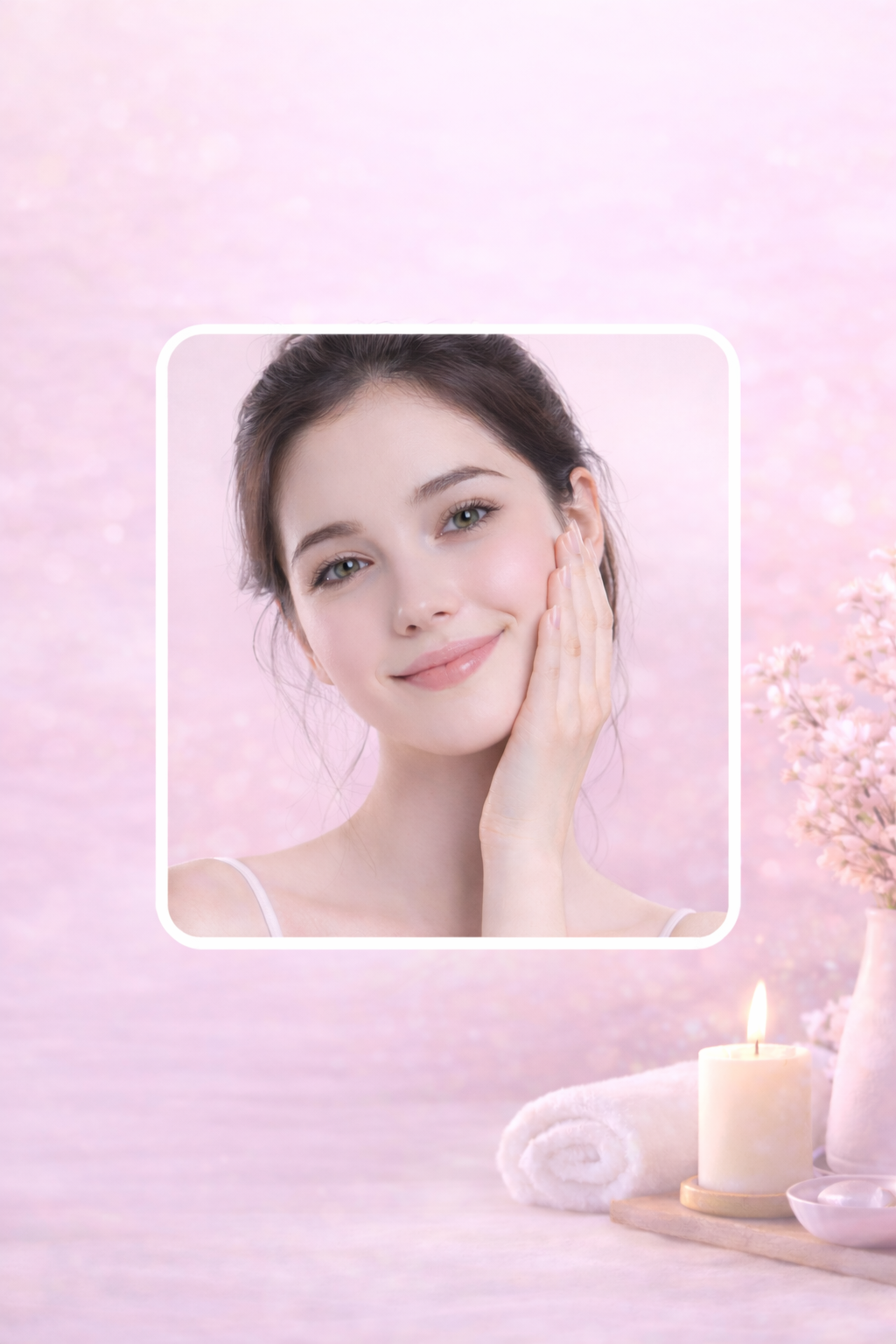 Jeune femme souriante touchant sa joue dans un environnement relaxant avec bougies et fleurs roses.