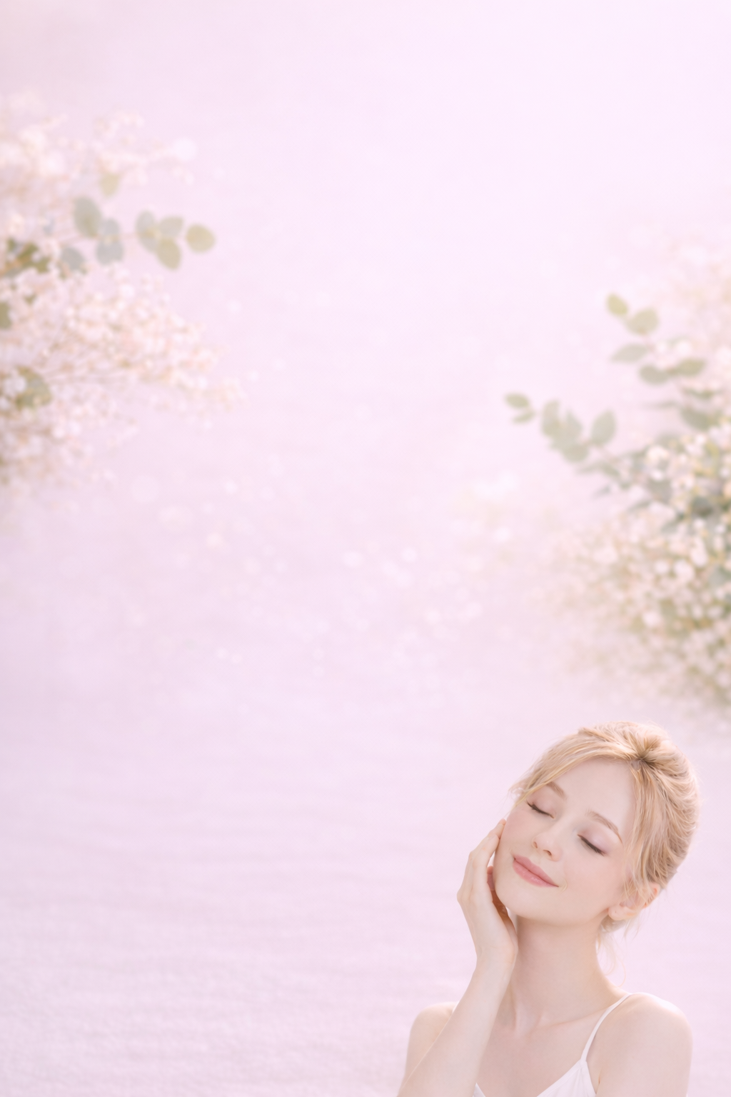Jeune femme aux cheveux blonds, yeux fermés, souriant doucement, touche doucement son visage, dans un décor doux et pastel avec des fleurs blanches et vertes en arrière-plan.
