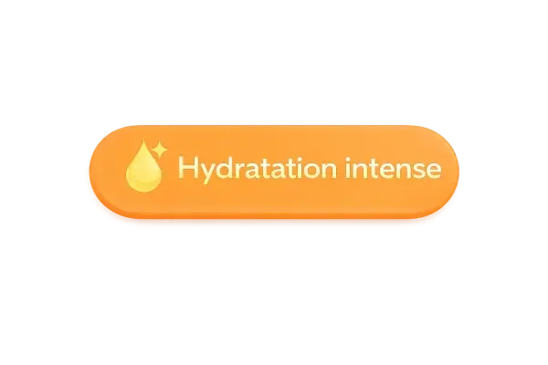 Bouton orange avec une goutte d'eau et texte 'Hydratation intense'