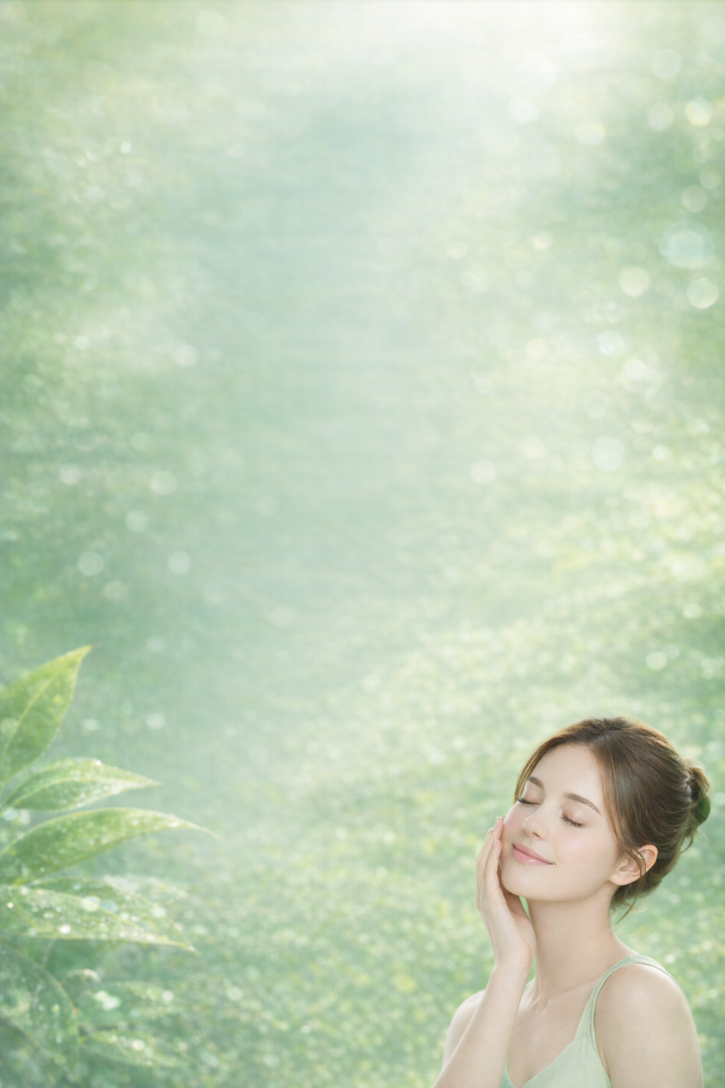 Jeune femme avec une peau claire, fermée des yeux, souriant et touchant sa joue, devant un fond verdoyant flou avec feuilles.