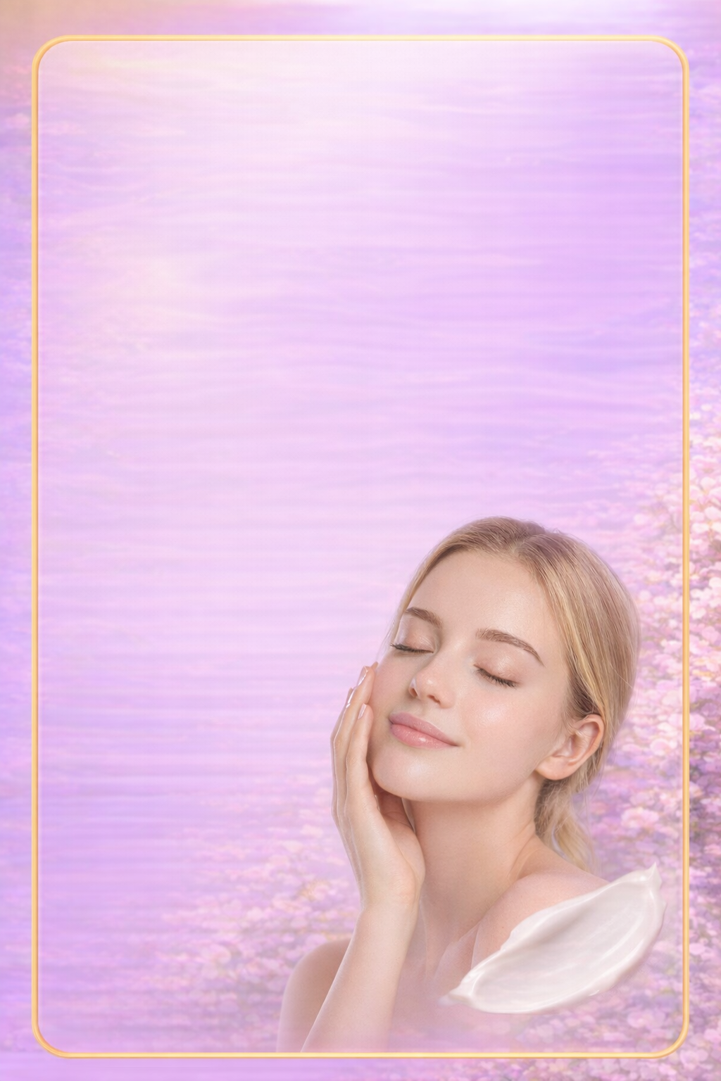 Une jeune femme aux cheveux blonds, avec un visage dégagé, repose avec les yeux fermés et touche doucement sa joue. Le fond est une scène pastel de lavande et de fleurs, évoquant un moment de détente ou de soin de la peau.