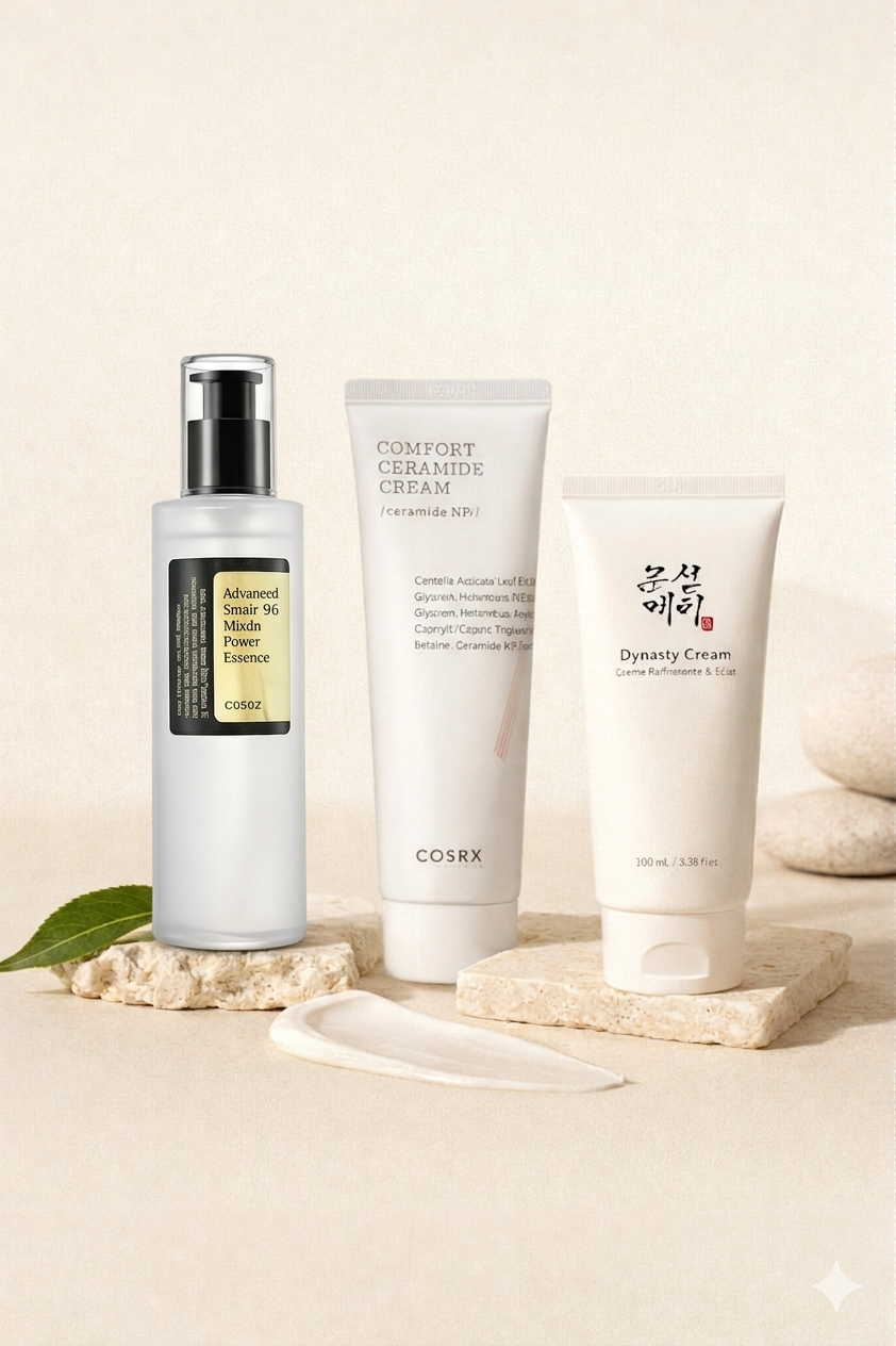 Routine anti-âge K-Beauty avec essence à la mucine d’escargot COSRX, crème céramides COSRX et Dynasty Cream sur fond beige premium.