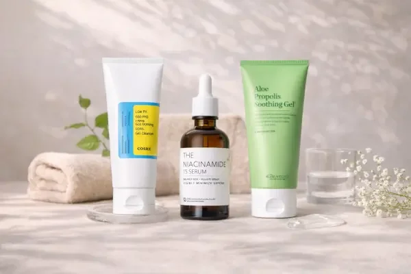 Trois produits de soins de la peau sur une surface en marbre avec une serviette blanche roulée, une petite branche de plante et un bouquet de petites fleurs blanches