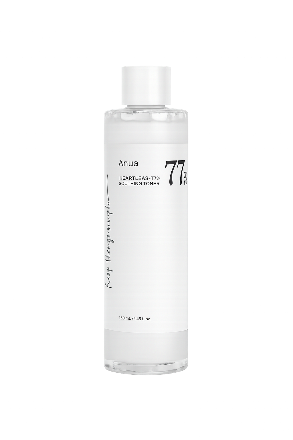 Une bouteille blanche de tonique pour la peau avec des écritures en noir, portant la marque 'Anua', le nom 'Heartleaf-T7% Southing Toner', et indiquant 77%.