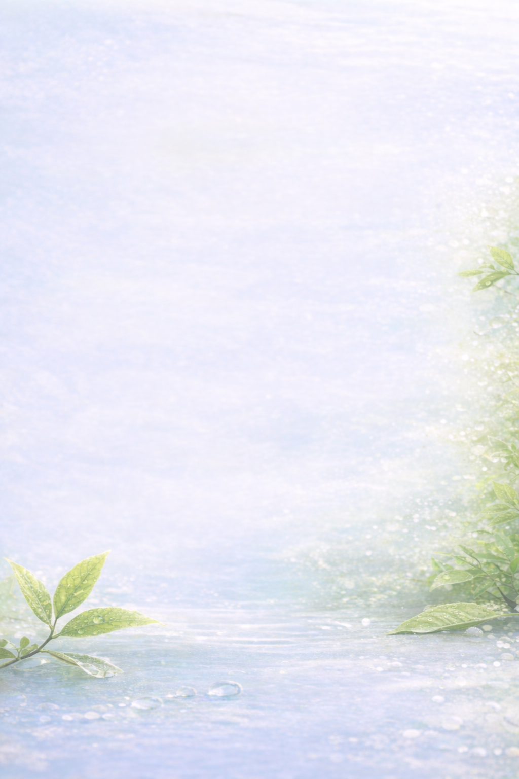 Arrière-plan de style naturel avec des feuilles vertes et de l'eau douce, ambiance paisible et rafraîchissante, usage pour la nature ou la relaxation.