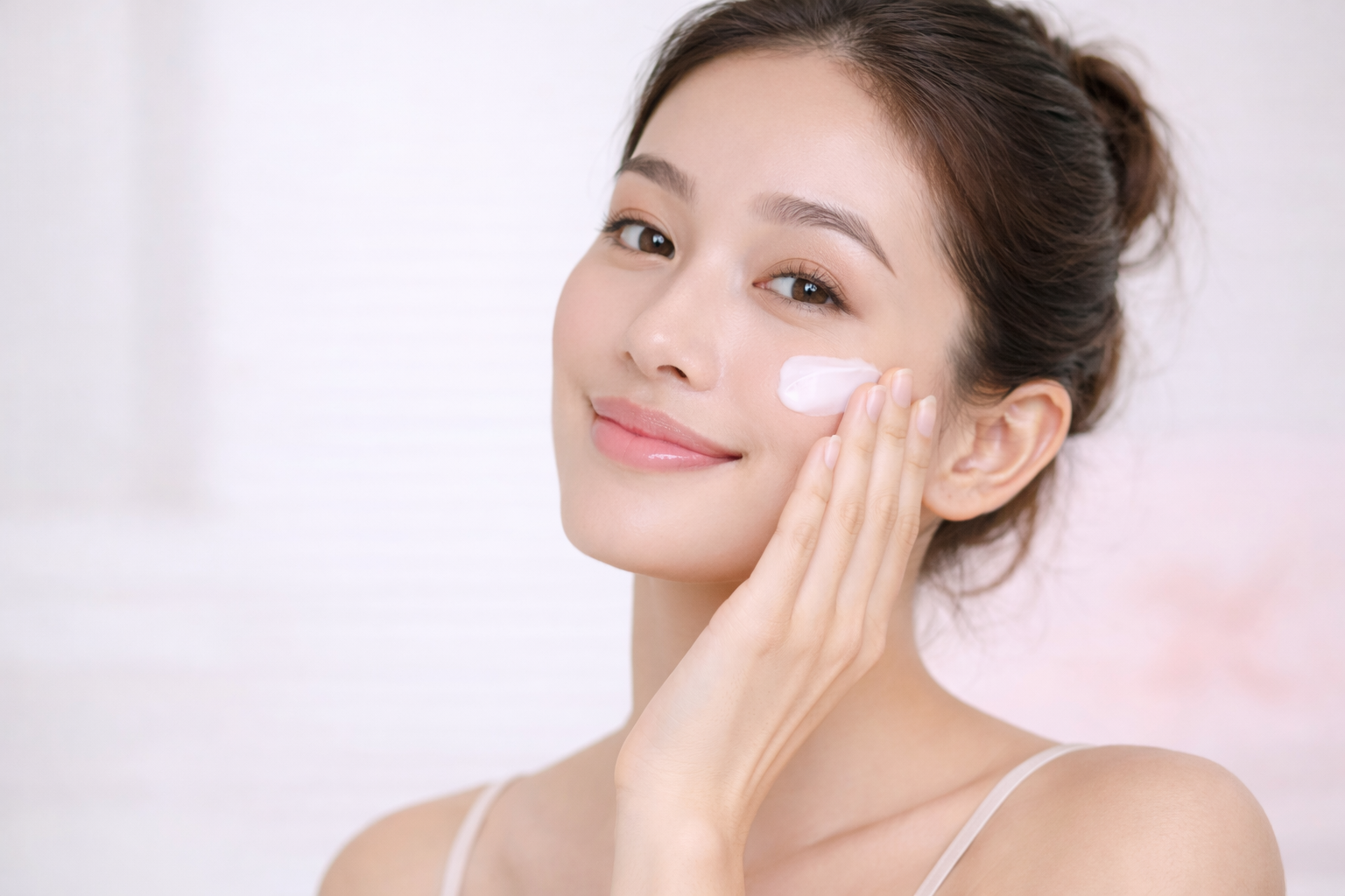 Femme appliquant de la crème sur la joue