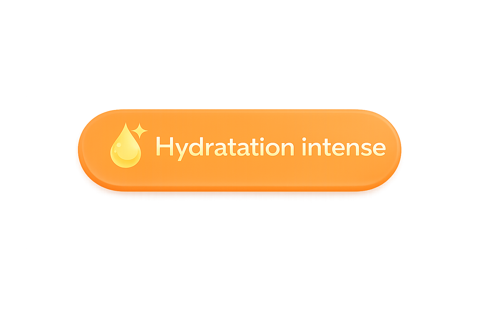 Bouton orange avec une goutte d'eau et une étoile, portant le texte 'Hydratation intense'.