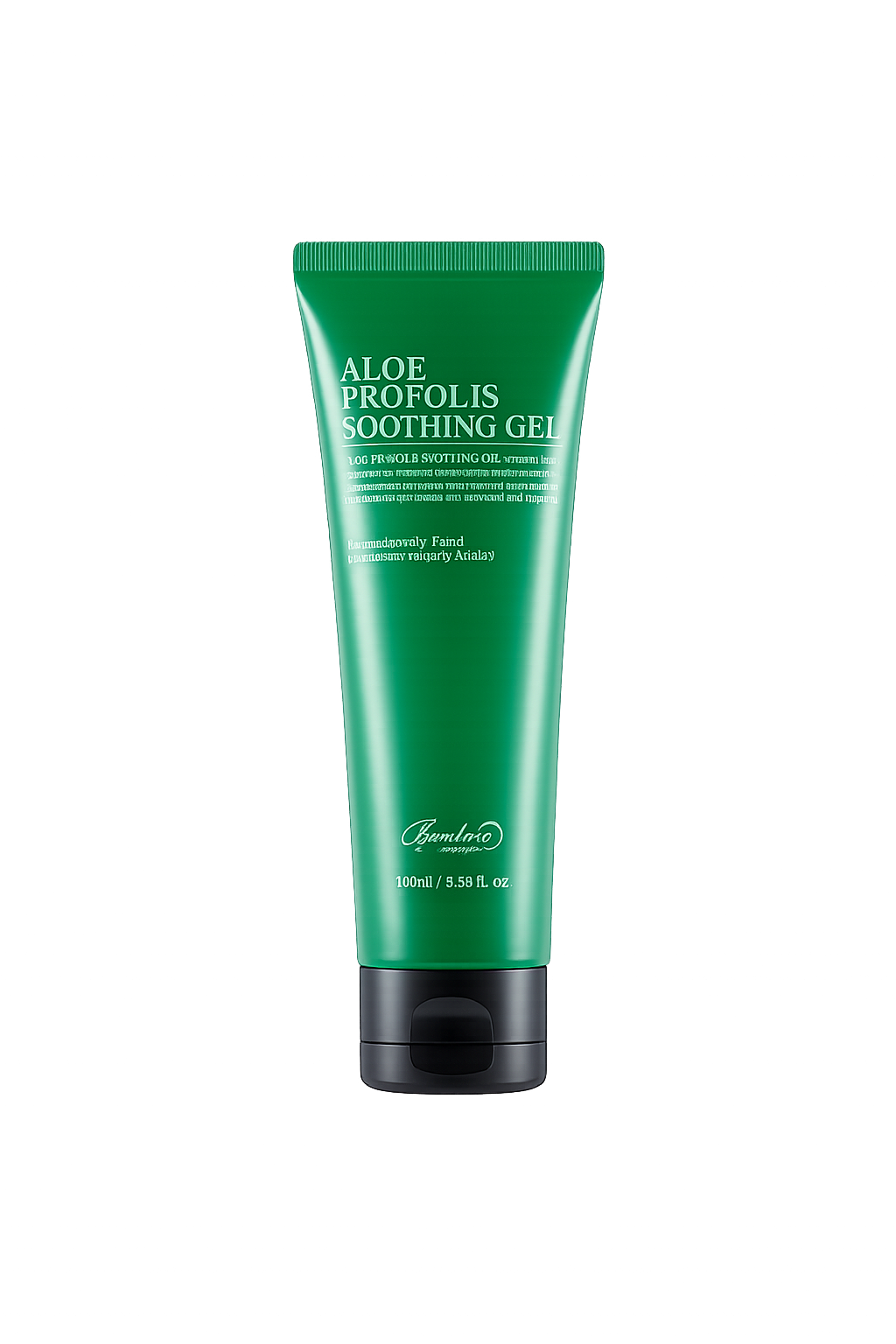 Tube de gel apaisant à l'aloès Vera, nommé Aloe Propolis Soothing Gel, avec un fond coloré et des lumières violettes et roses.