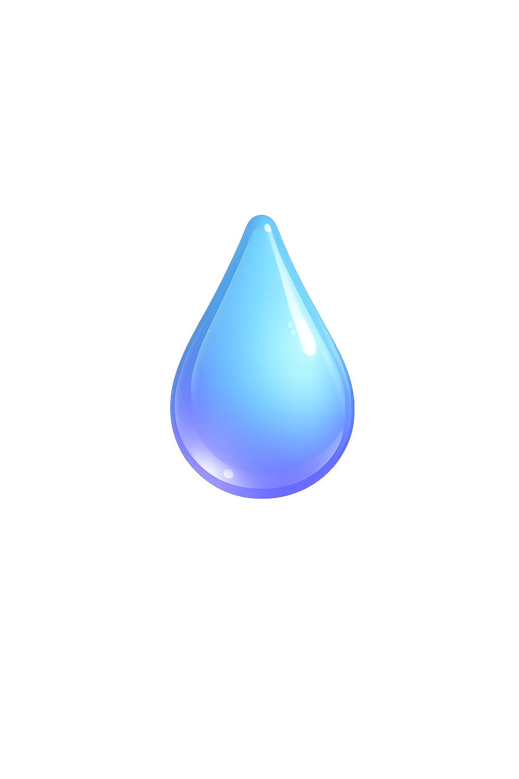 Goutte d'eau en illustration numérique avec reflets bleus et lumineux, suspendue au centre de l'image.