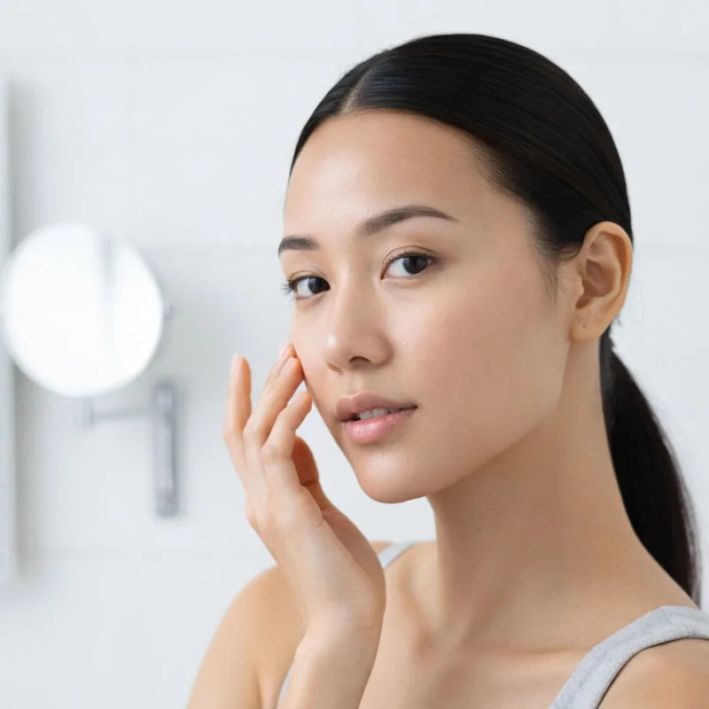 Une jeune femme aux cheveux noirs et peau claire touche son visage dans une salle de bain moderne, avec un miroir rond en arrière-plan.